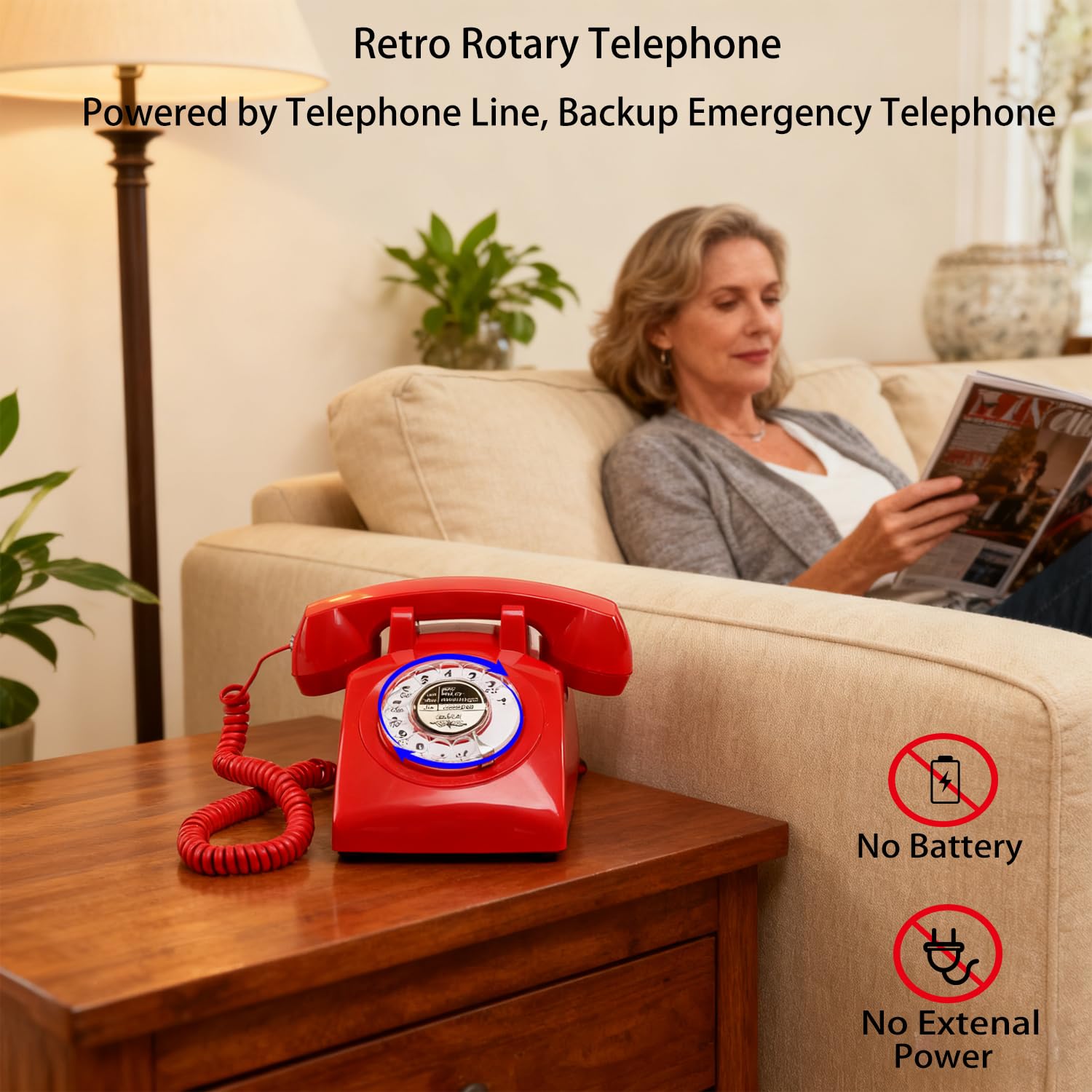 Campana mecánica giratoria retro roja, teléfono antiguo de los años 60 (cable extraíble actualizado), teléfono giratorio antiguo (timbre alto/apagado), teléfono fijo vintage para el hogar, hotel, rojo