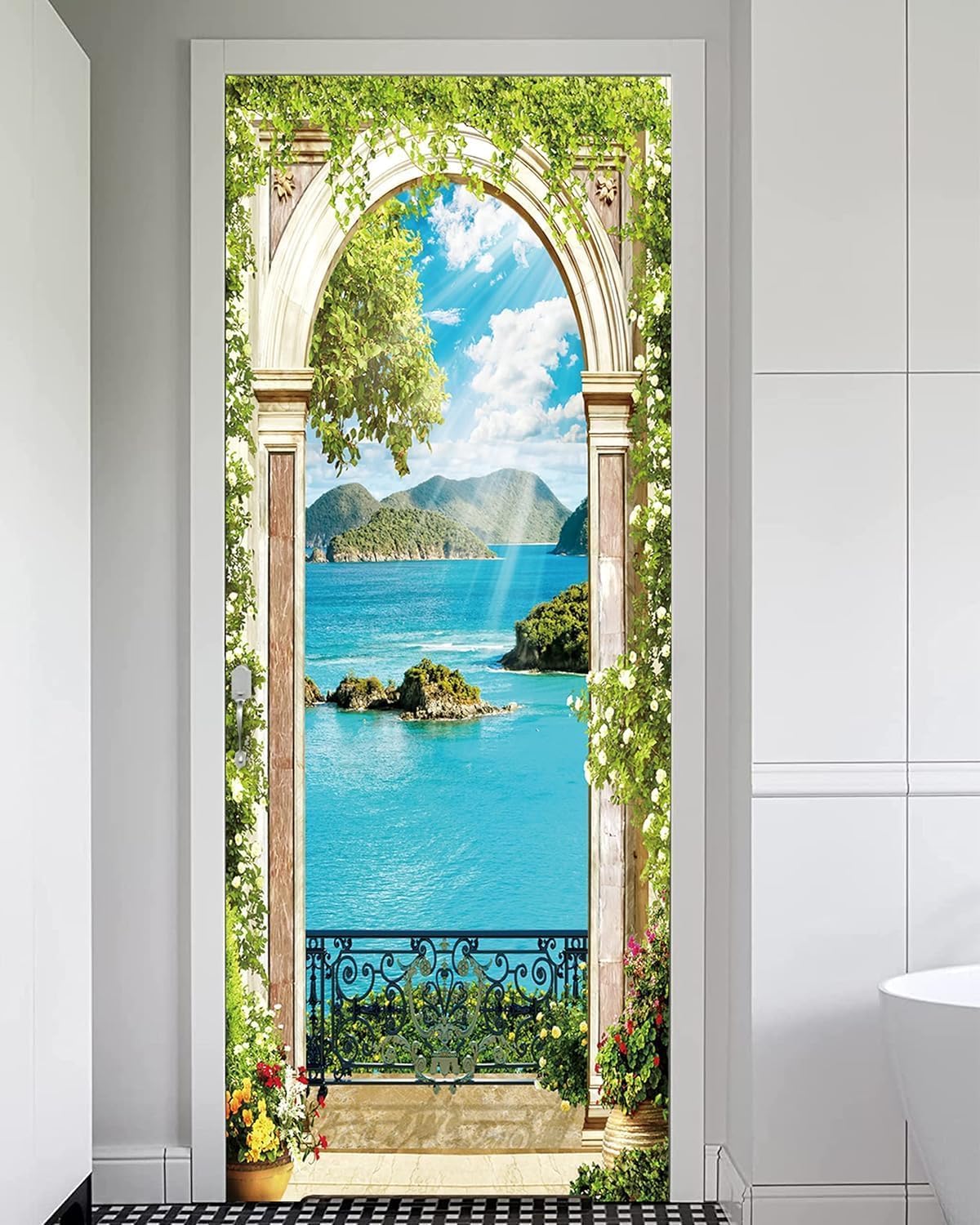 Autocollant de porte vue sur la mer pour agrandir une pièce, sticker 3D arche 77x200cm