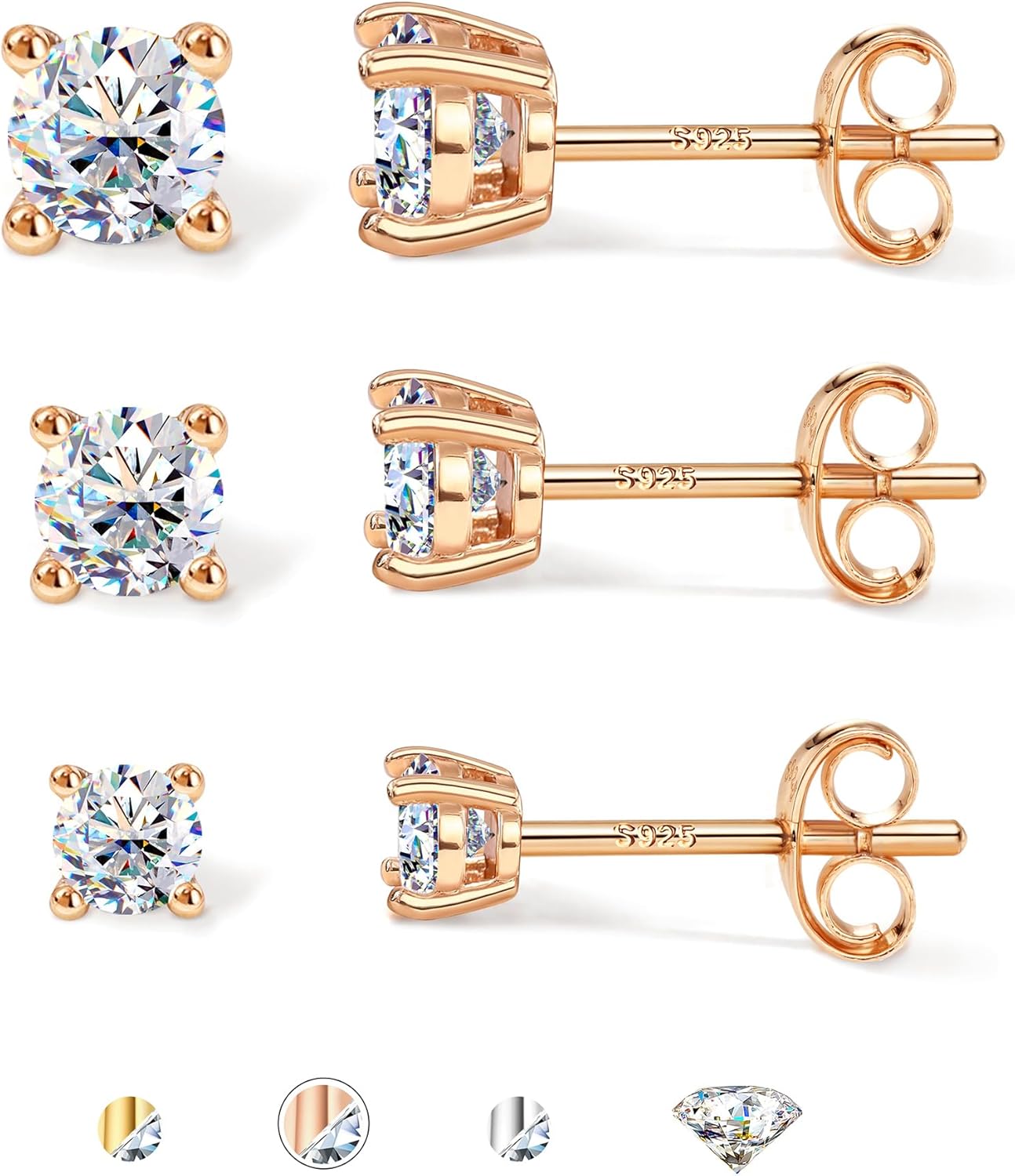 GEMQUEEN 3 Pairs Moissanite Earrings Studs 14K Gold Plated S925 Sterling Silver Flat Back Earring for Women Men - Hypoallergenic Set Cartilage Helix Piercing Jewelry Trendy Thanksgiving Christmas Gifts D Color VVS1 1.8CT