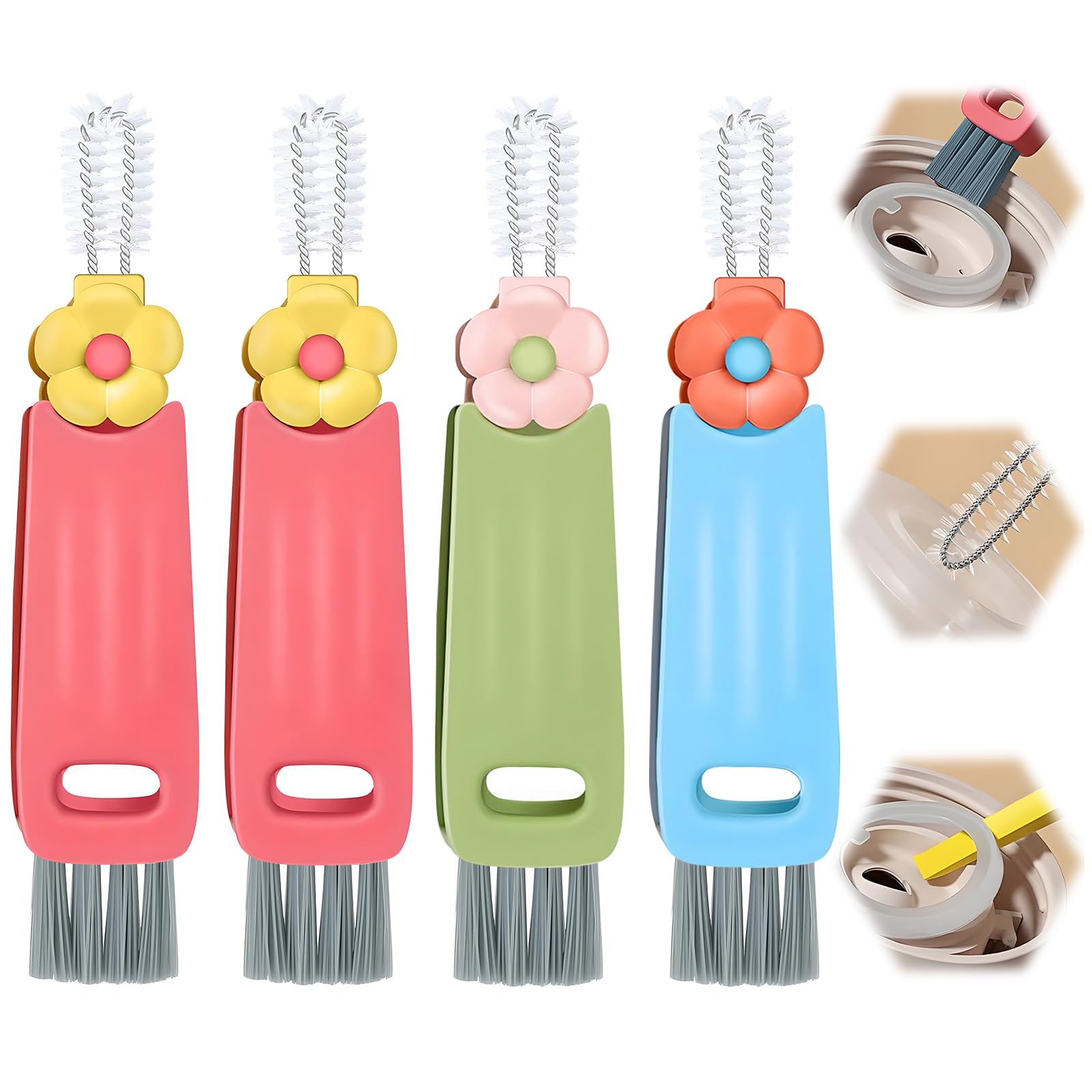4 Pack 3 in 1 Cup Lid Gap Cleaning Brush Set, Portable Cup Lid Cleaning Brush, Multifunctional Bottle Cleaning Brush, Cup Lid Gap Cleaner, Crevice Cleaning Brush for Bottle Gap (Colors)