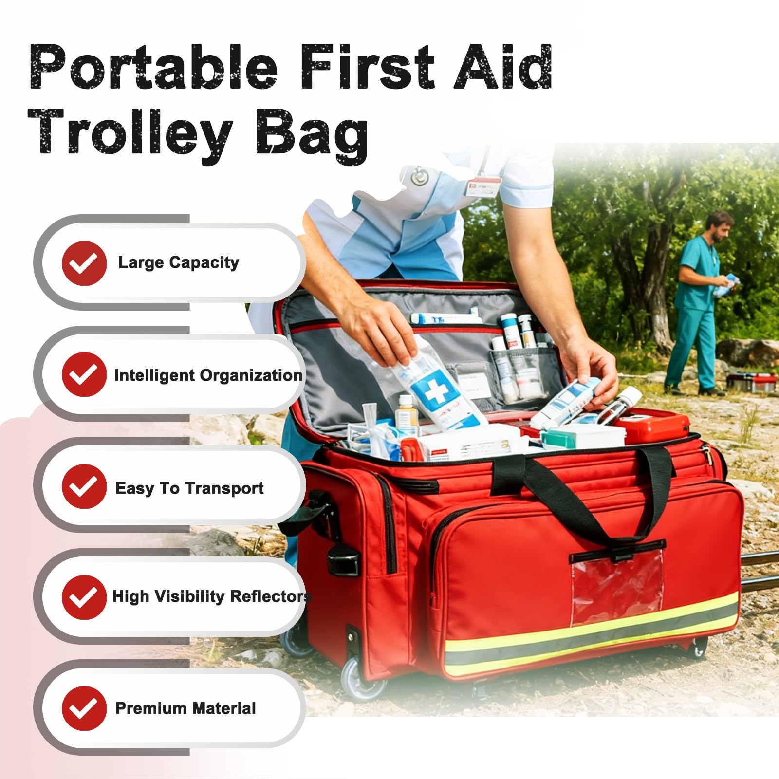 Bolso De Primeros Auxilios Portátil Con Ruedas, Organizador De Botiquín De Emergencia De Gran Capacidad, Bolso Médico Con Ruedas Vacío,Con Compartimentos Y Tiras Reflectantes,Para Enfermeras Y Médicos