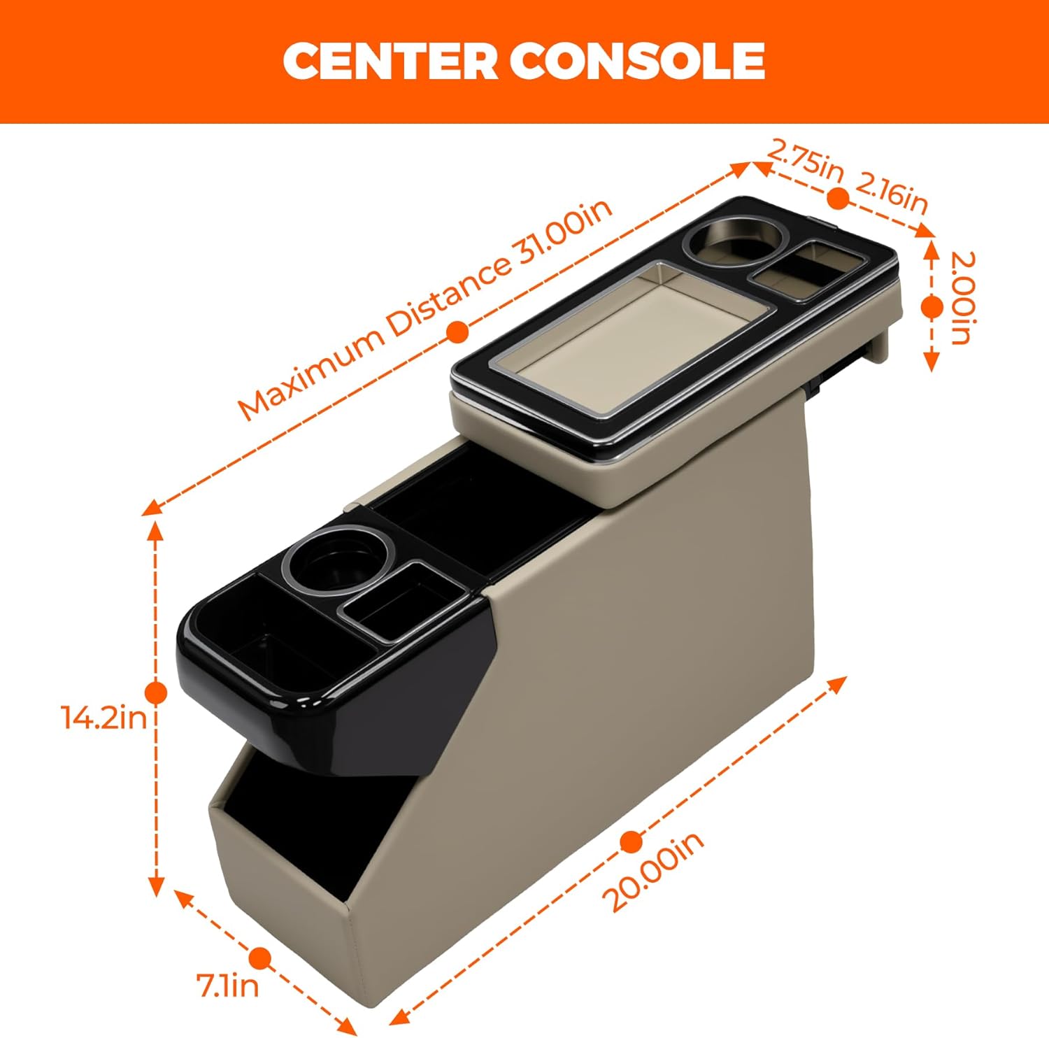 Center Console Between Seat Organizer for Minivans, SUVs, with Key Holder & Cup Holders,Phone Storage for Minivan &SUVs, Middle Van Floor Console Organizer Storage Box- Beige