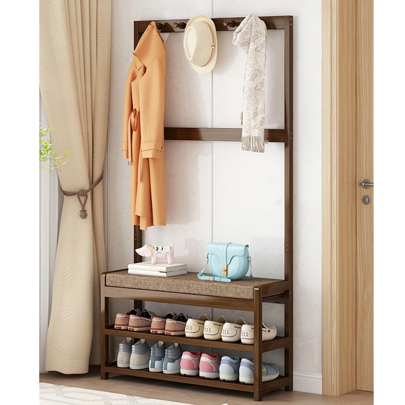 Appendiabiti in bambù 3 in 1 con Panca e scarpiera, Perfetto per corridoio, Ingresso, Armadio, Camera da Letto, Design salvaspazio (80x27x45 cm)