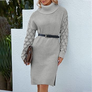 Innerternet Robe Tricotée D'hiver Avec Poches Pour Femme - Robe à Manches Longues - Col Roulé - Robe D'hiver - Robe En Tricot - Robe Tunique, Gris, XL
