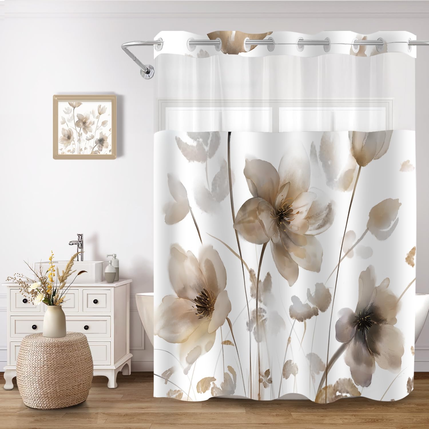 No Hook Shower Curtain and Liner Set, Brown Boho Floral Shower Curtains for Bathroom, Watercolor Flower Waterproof Bathroom Curtain Sets with Snap in Liner, 71x74 Inch