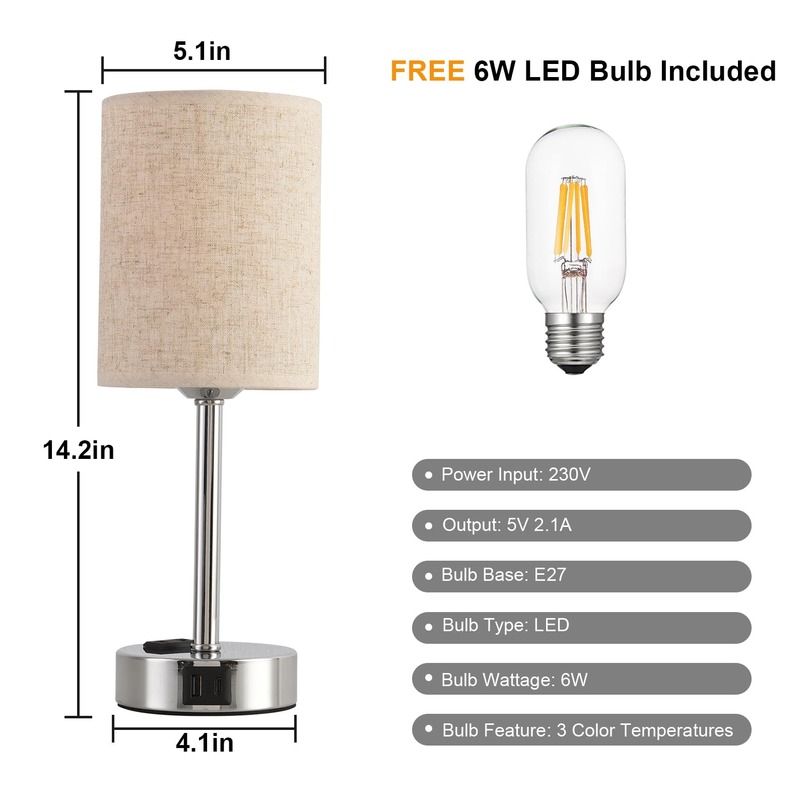 Touch Dimmable Bedside Lamp, Table Lamp with USB A+C Charging Port, Linen Lampshade, Metal Base, Bedroom, Office, Living Room - Image 4