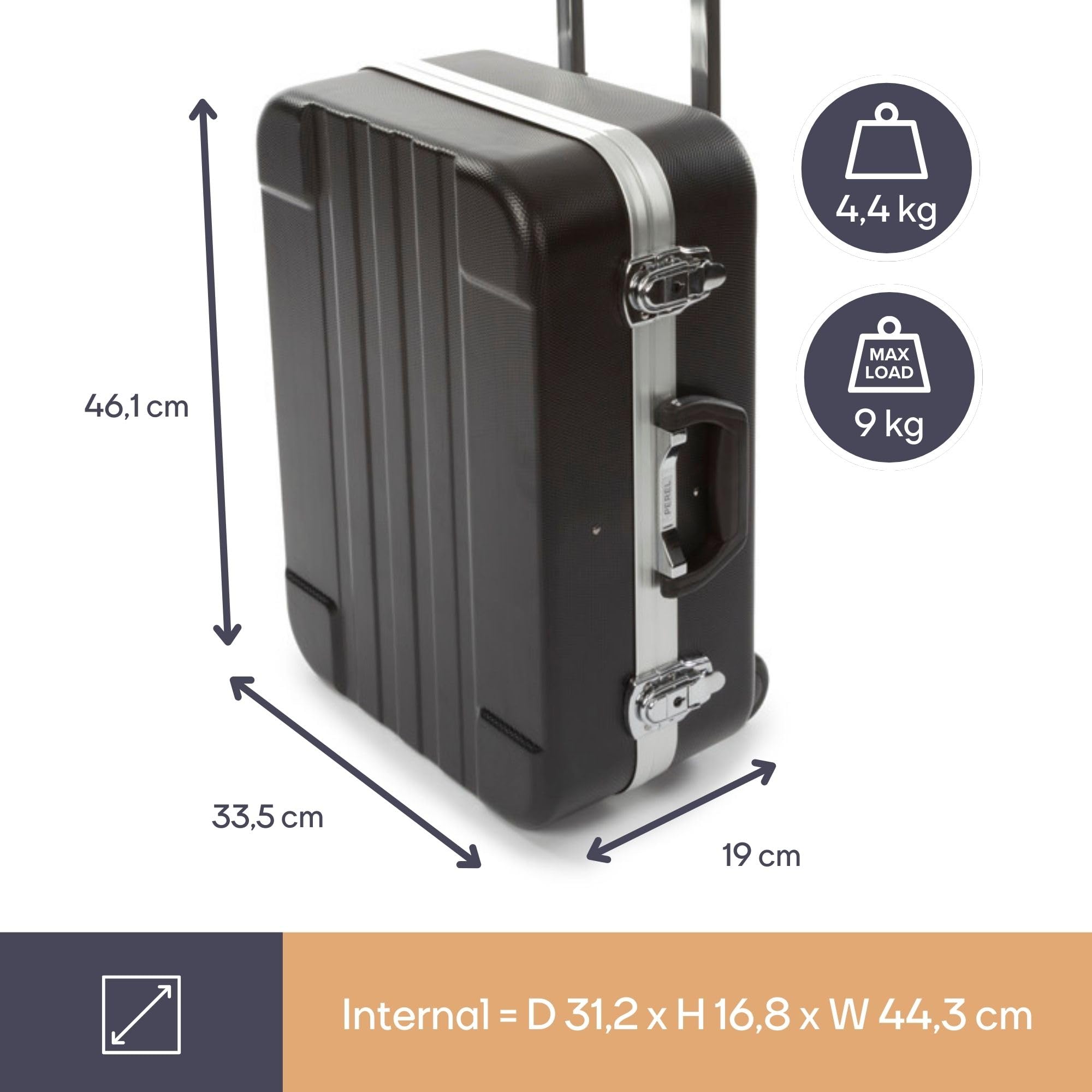 Perel Valigia portautensili, trolley, maniglia telescopica, portautensili, divisori regolabili, serratura a chiave, 2 chiavi, ABS, nero, 461 x 335 x 190 mm