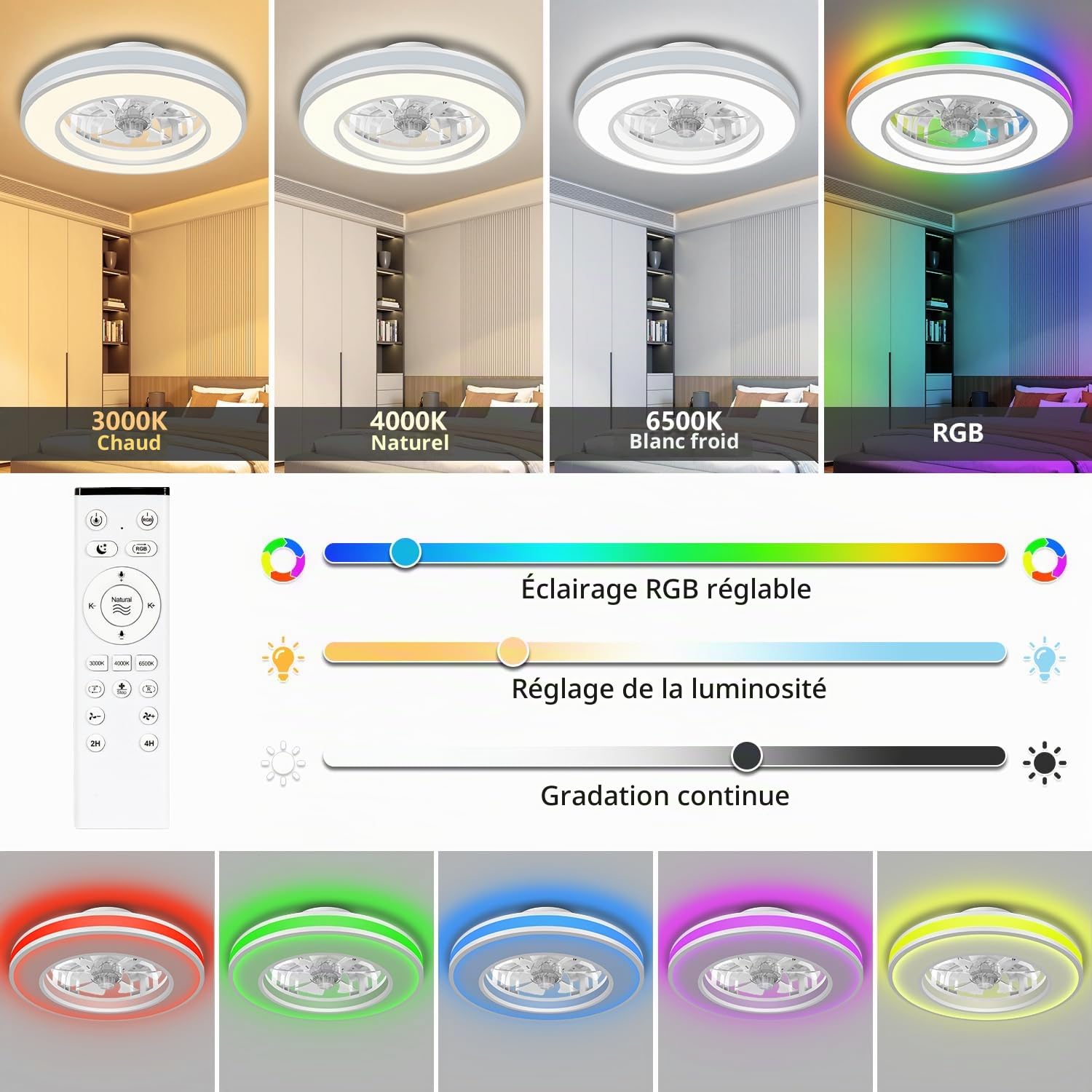Bowfar Ventilateur Plafond avec Lumiere Ø42cm, 3000K-6500K+RGB Plafonnier Ventilateur Silencieux Chambre, 6 Vitesses de Ventilation Réglables avec Télécommande, Minuterie, Ventilateur Réversible