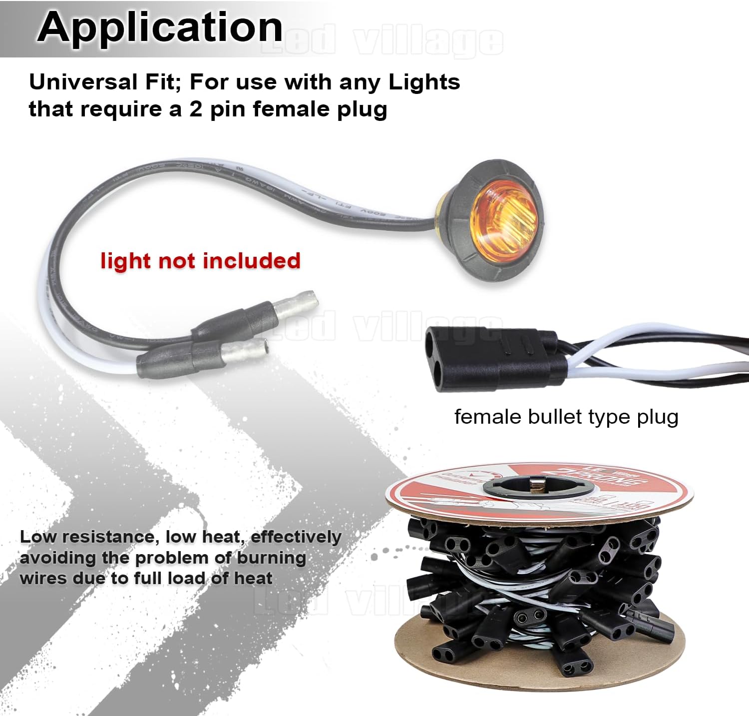 Bundle Pack 3/4" Clear Lens Amber LED Marker Light DC Plug (50 Pcs) + 2 Prong Harness Roll 50 Counts Indicator Light, Clearance Light for Truck Trailer RV Pickup