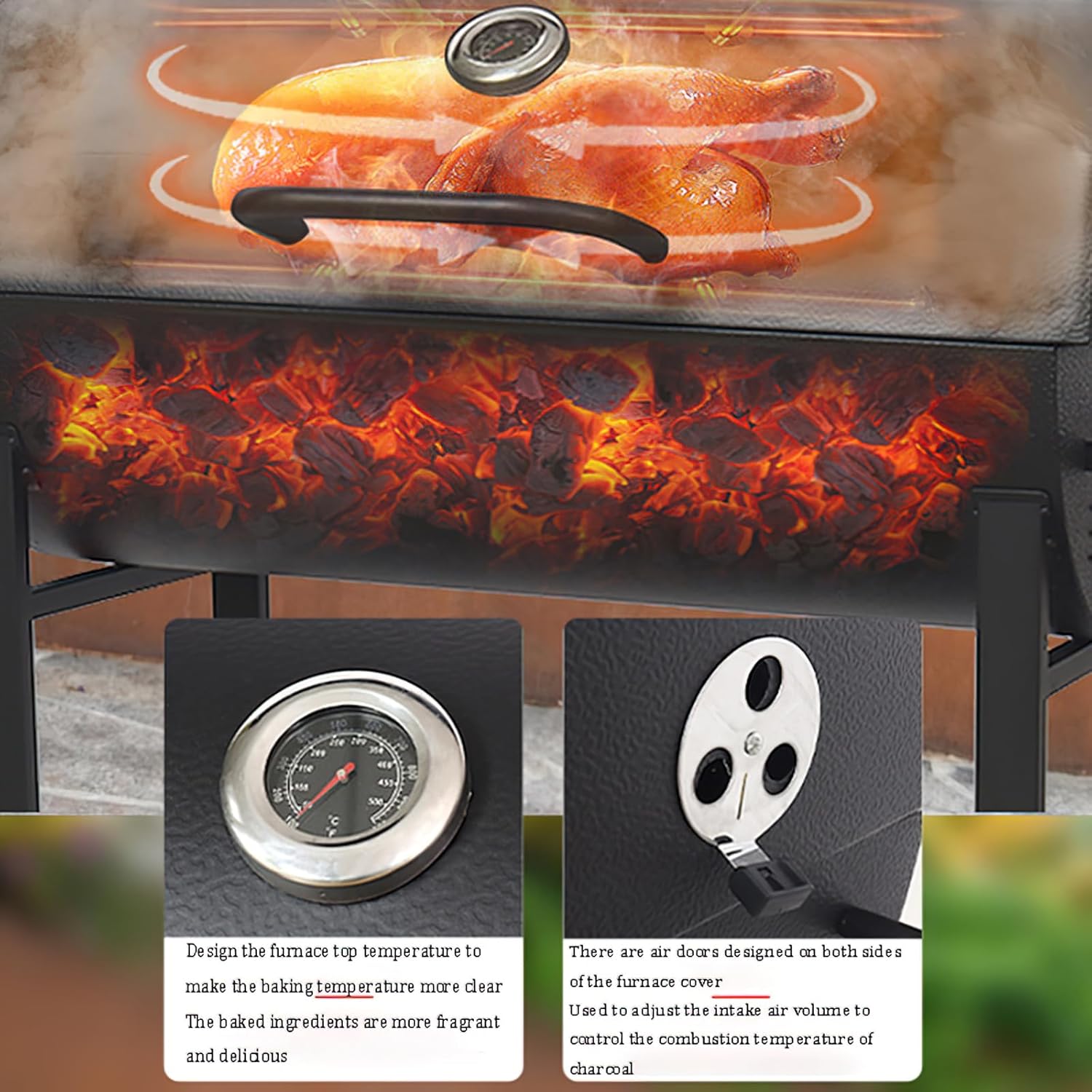 Outdoor Charcoal Grill with Temperature Gauge, Black Steel BBQ Smoker, 49.21x21.65x50.39 Inch, Portable with Wheels, Wood Side Tables