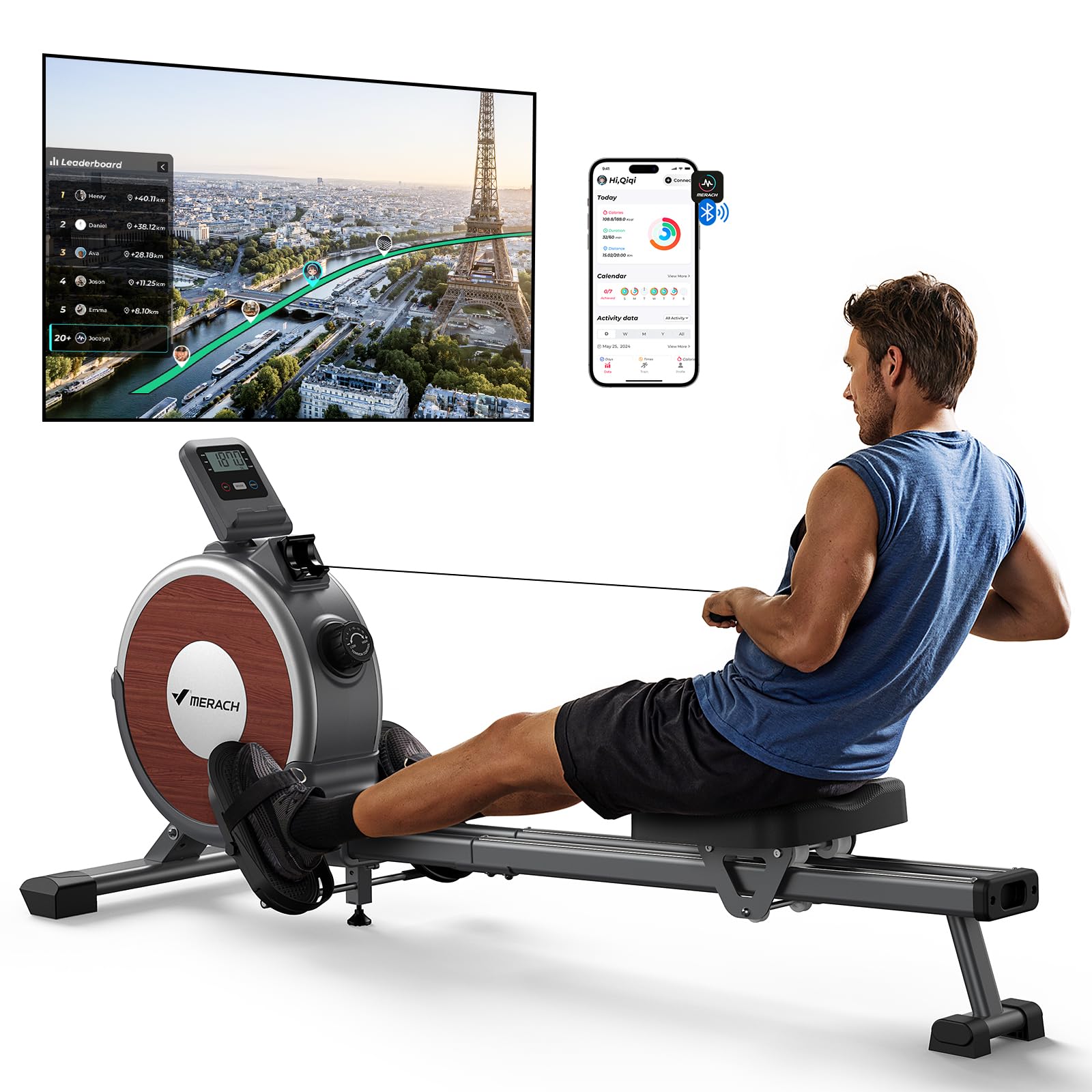 MERACH Wioślarz magnetyczny Q1S, 16 poziomów oporu, aplikacja
