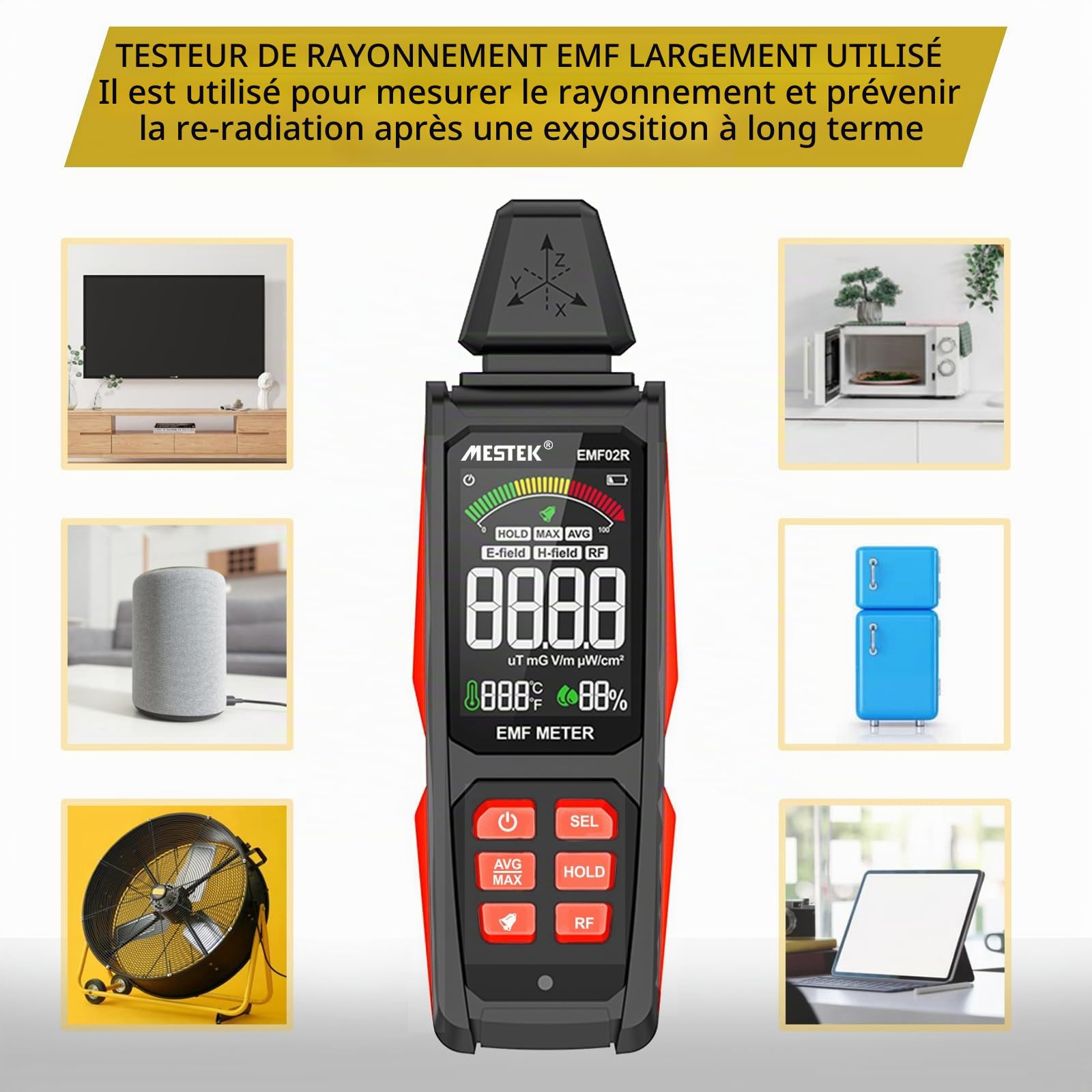 Detecteur EMF MESTEK 5 in1 Test EF/MF/RadioFréquence, Champ Électrique/Magnétique/Haute Fréquence, Détecteur de Rayonnement Électromagnétique Portable Pour Extérieur, Maison,Chasse aux Fantômes
