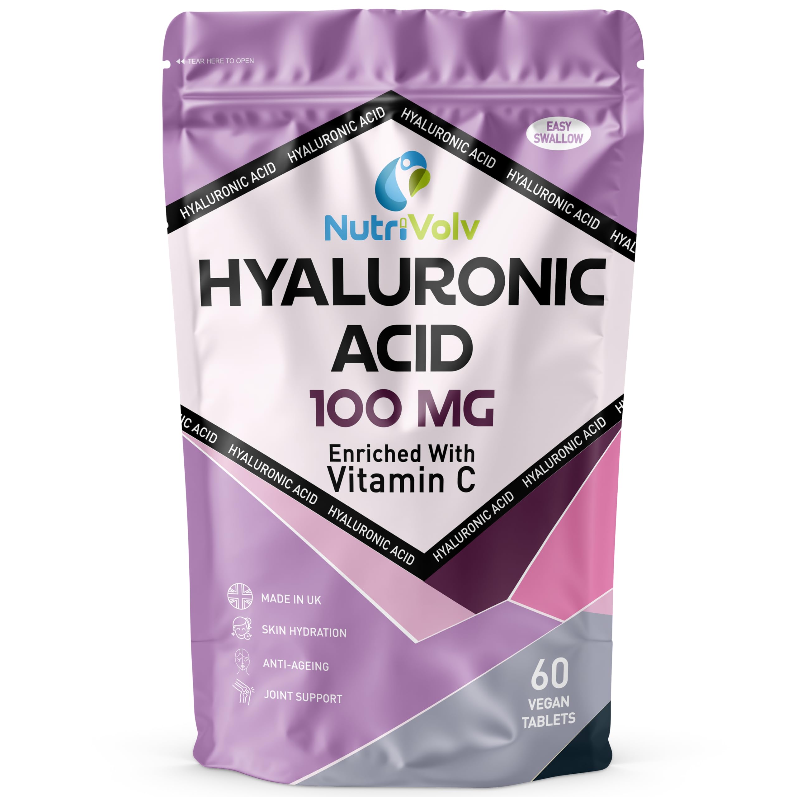 Hyaluronic Acid 100mg & Vitamin C | 60 Tablets | Vegan | for Men & Women | Healthy Skin Bones Anti Ageing | by NutriVolv