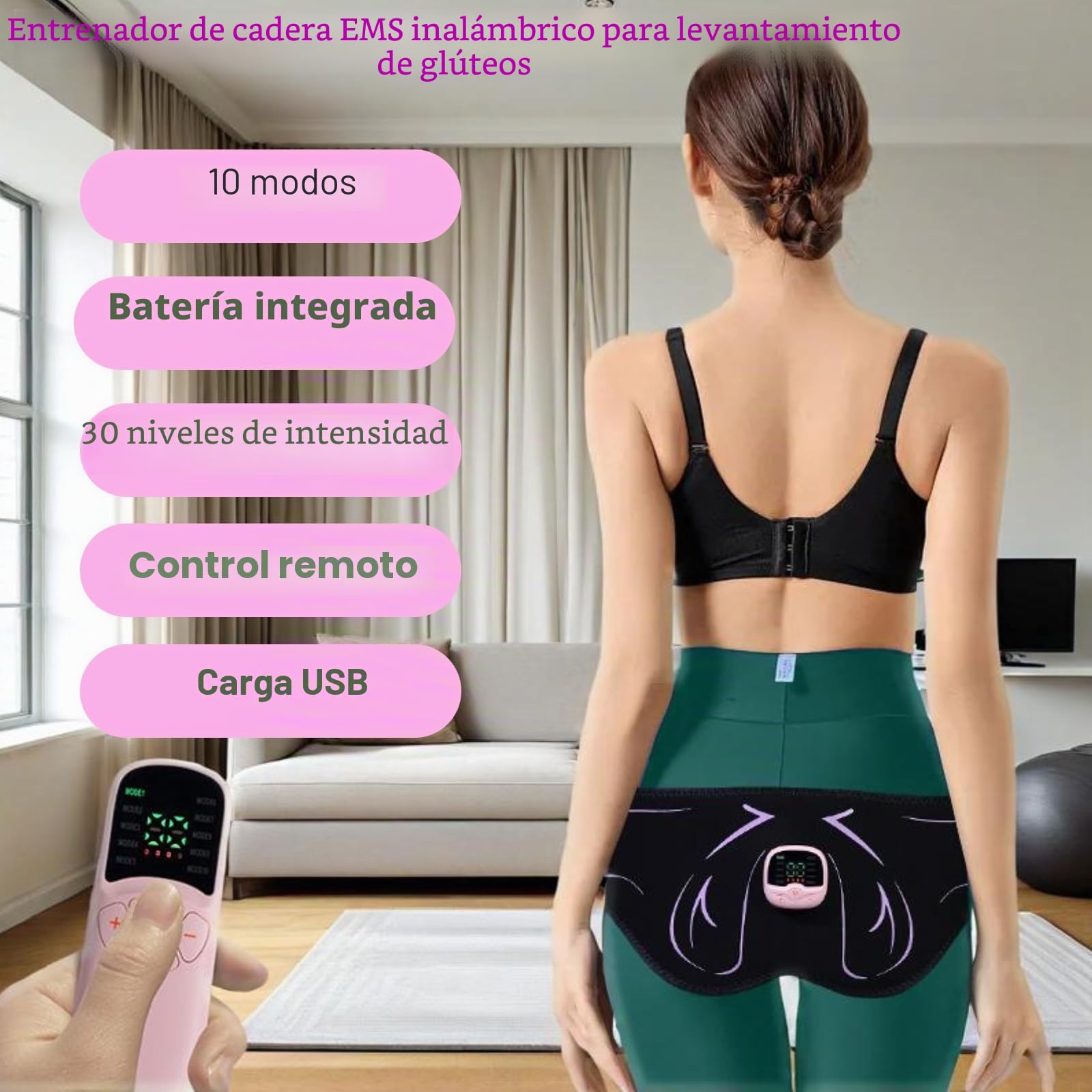 EMS - Cinturón de entrenamiento de cadera para mujer, con 10 modos, 30 niveles de intensidad, pantalla LED y mando a distancia, inalámbrico, ajustable, para levantamiento de glúteos y contorneado (110