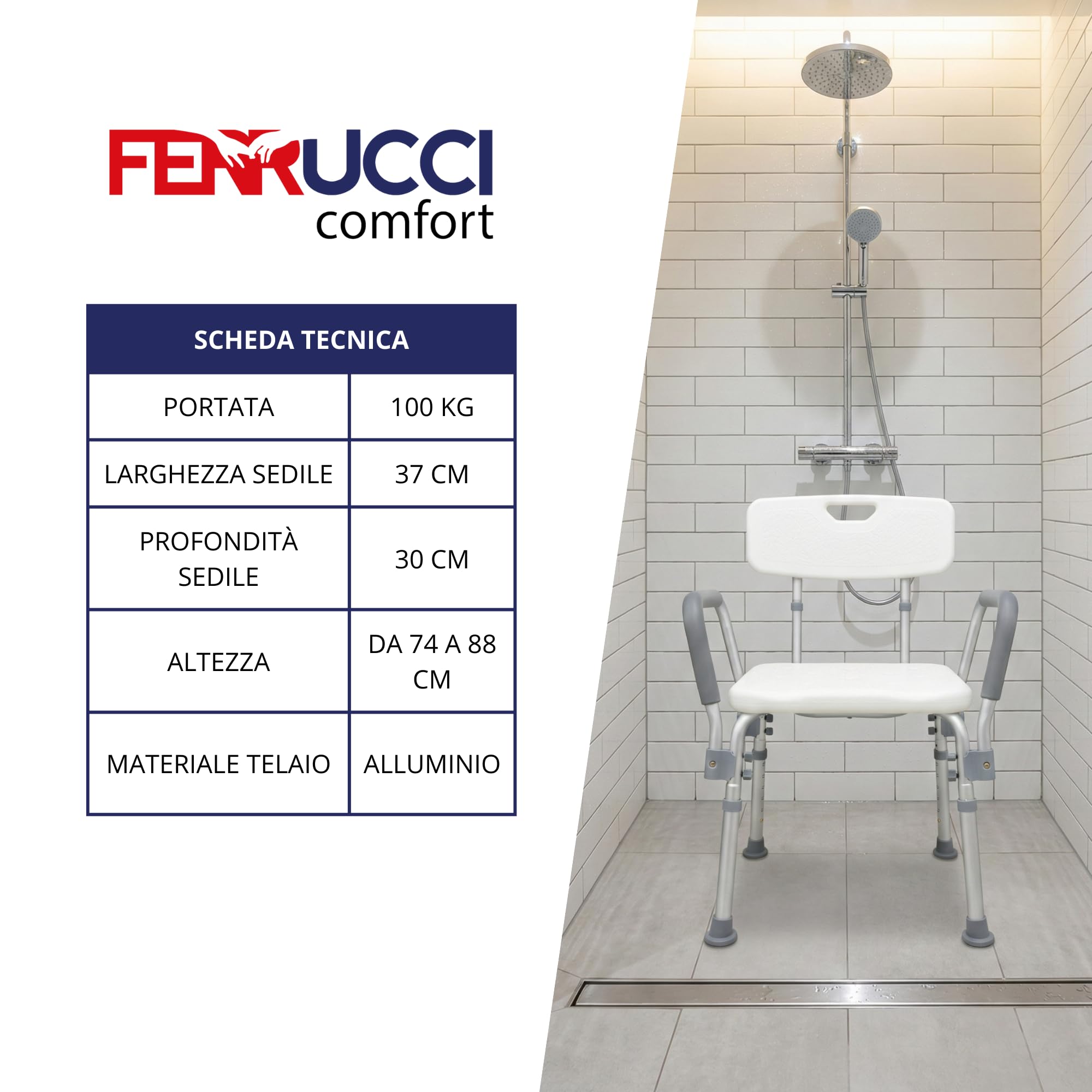 Sedia per Doccia con Schienale e Braccioli Estraibili per Anziani o Bambini - Altamente resistente, Design Antiscivolo - Ergonomica - Vasca da Bagno