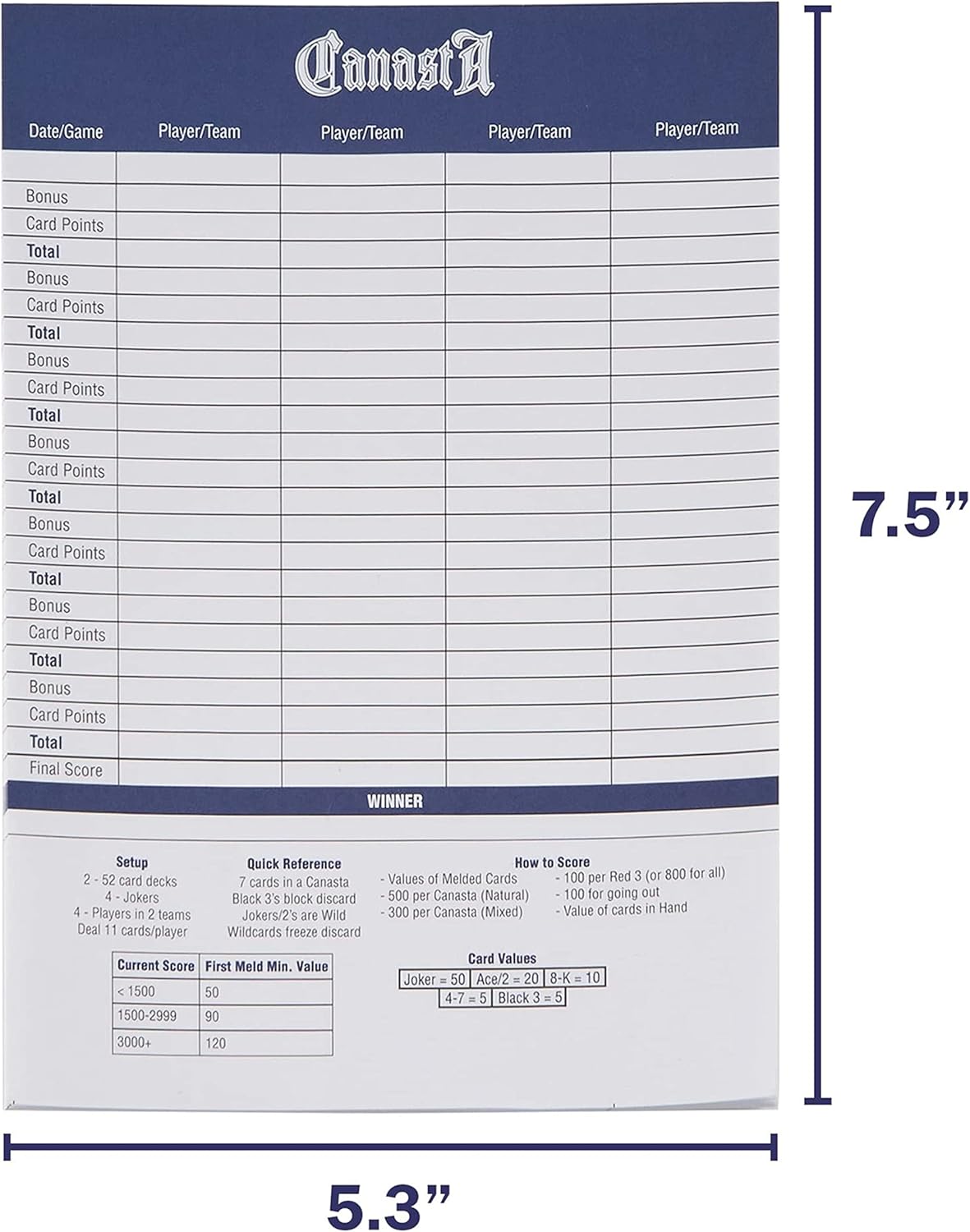 Canasta Scorecards, 75-pack - 7.5" x 5.25" Large Tally Pads for Scorekeeping in Classic Canasta Family Playing Card Game - Score Sheet Record Keeper + Quick Point Reference for 4 Players & Teams