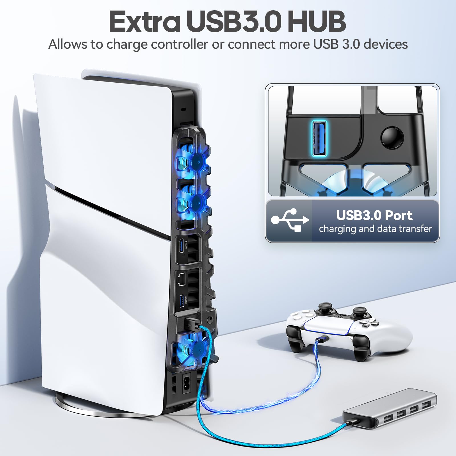 Tokluck PS5 Ventilador de Refrigeración para PS5 Slim Disc & Digital Consola, Ventilador para PS5 de 3 Velocidades con Función de Memoria y USB3.0 HUB, Refrigeración para PS5 con Luz Ambiental