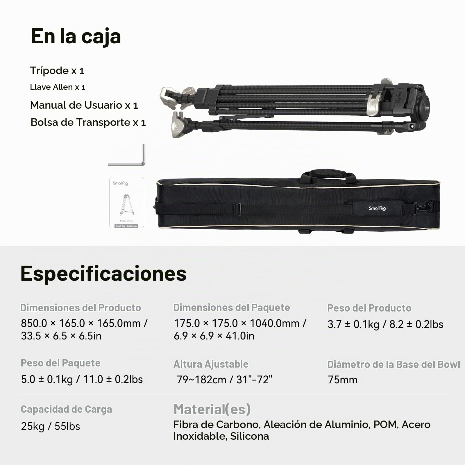 SMALLRIG 72" Trípode de Fibra de Carbono, Trípode de Video de 32" - 72" con Sistema de Bloqueo de un Solo Paso, para MFT (501PL) y Cámaras, con Tazón de 75mm, MAX Carga 25kg / 55lbs - 4167