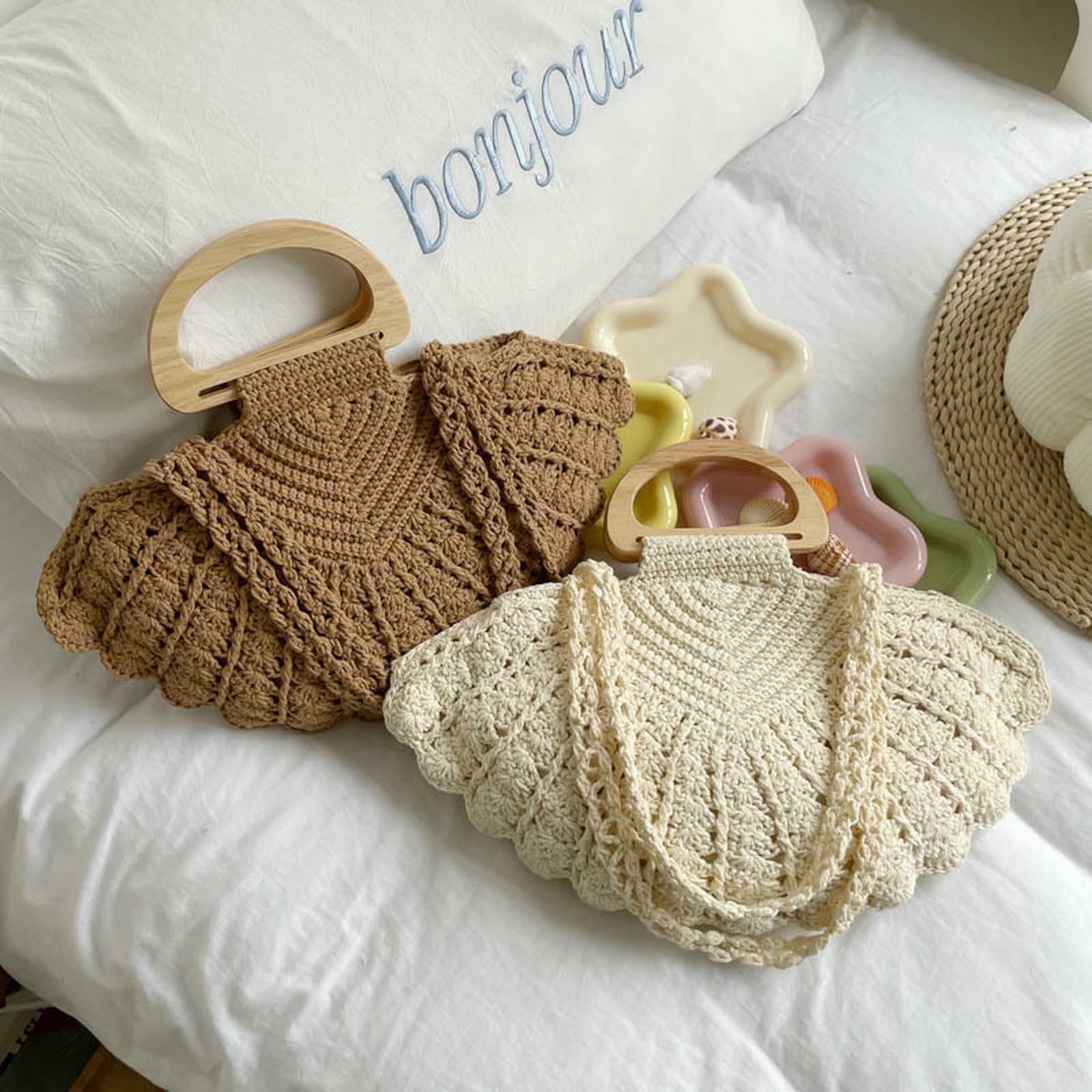 Damen Handtasche Modische Handgewebte Tasche, Personalisierte Tragbare Muscheltasche, Gehäkelte Fächerförmige Umhängetasche, Strandtasche Im Urlaubsstil-braun