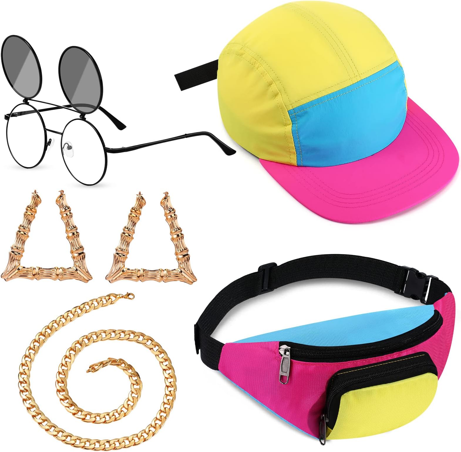 5 Pcs 80s 90s Accessories for Women Men 90s Womens Outfits Hip Hop Neon Fanny Pack Hat Sunglasses Gold Chain Earrings