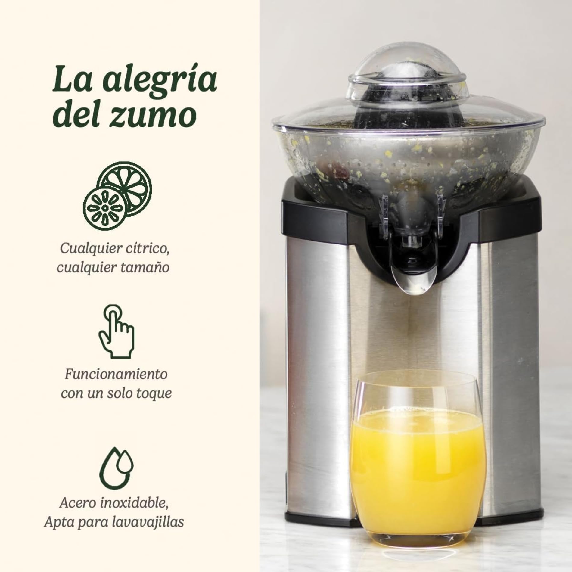 Cuisinart Prensa Eléctrica de Cítricos | Exprimidor de Frutas de todos los tamaños - Naranja, Limón, Lima, Pomelo | Sin goteo | Apto para lavavajillas | Tamaño compacto | Acero inoxidable