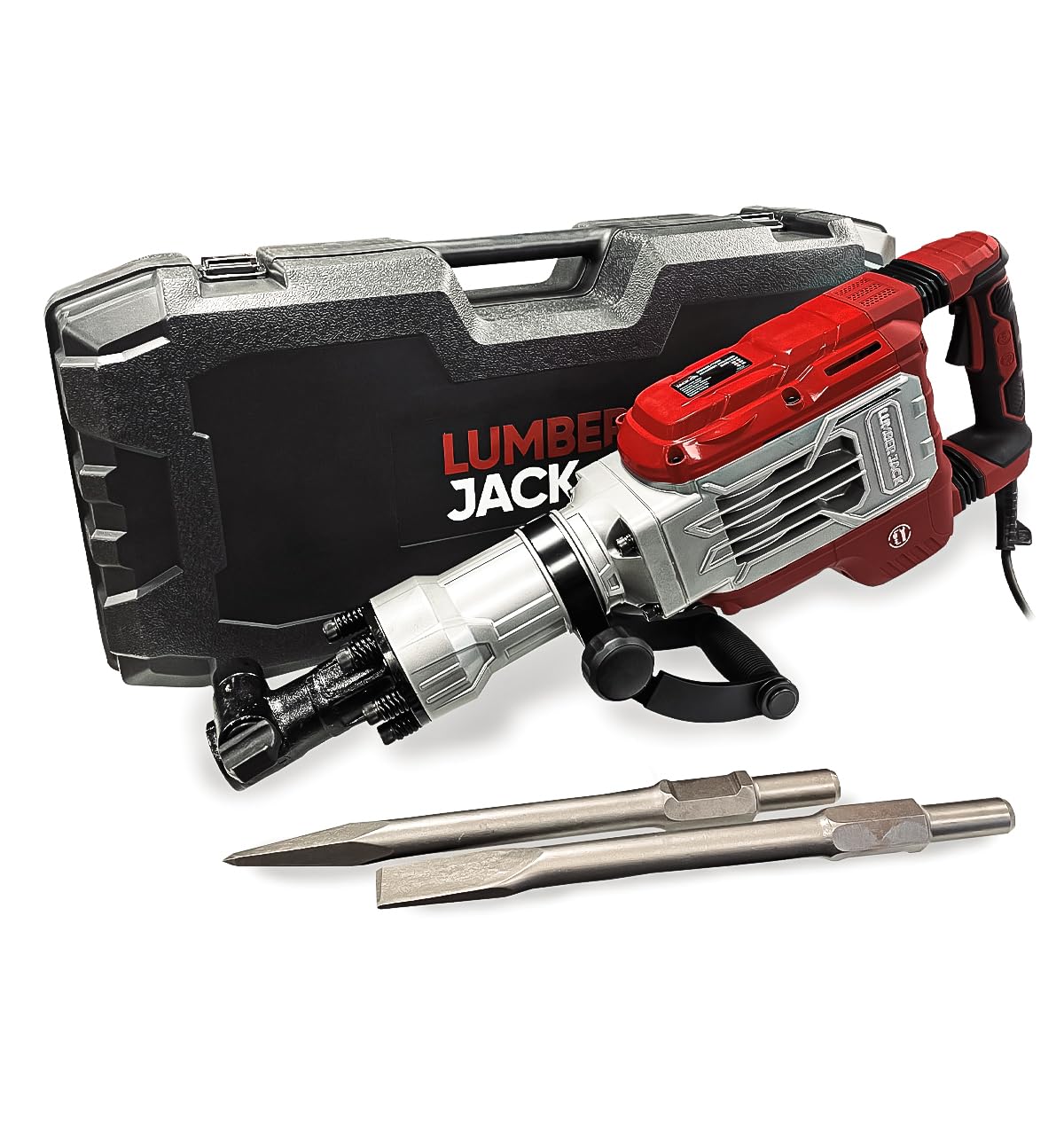 Lumber Jack Red Demolition Hammer Breaker Drill 1700W 75J 230V 1900Bpm Includes 2 X Chisels & Heavy Duty Wheeled Carry Case
