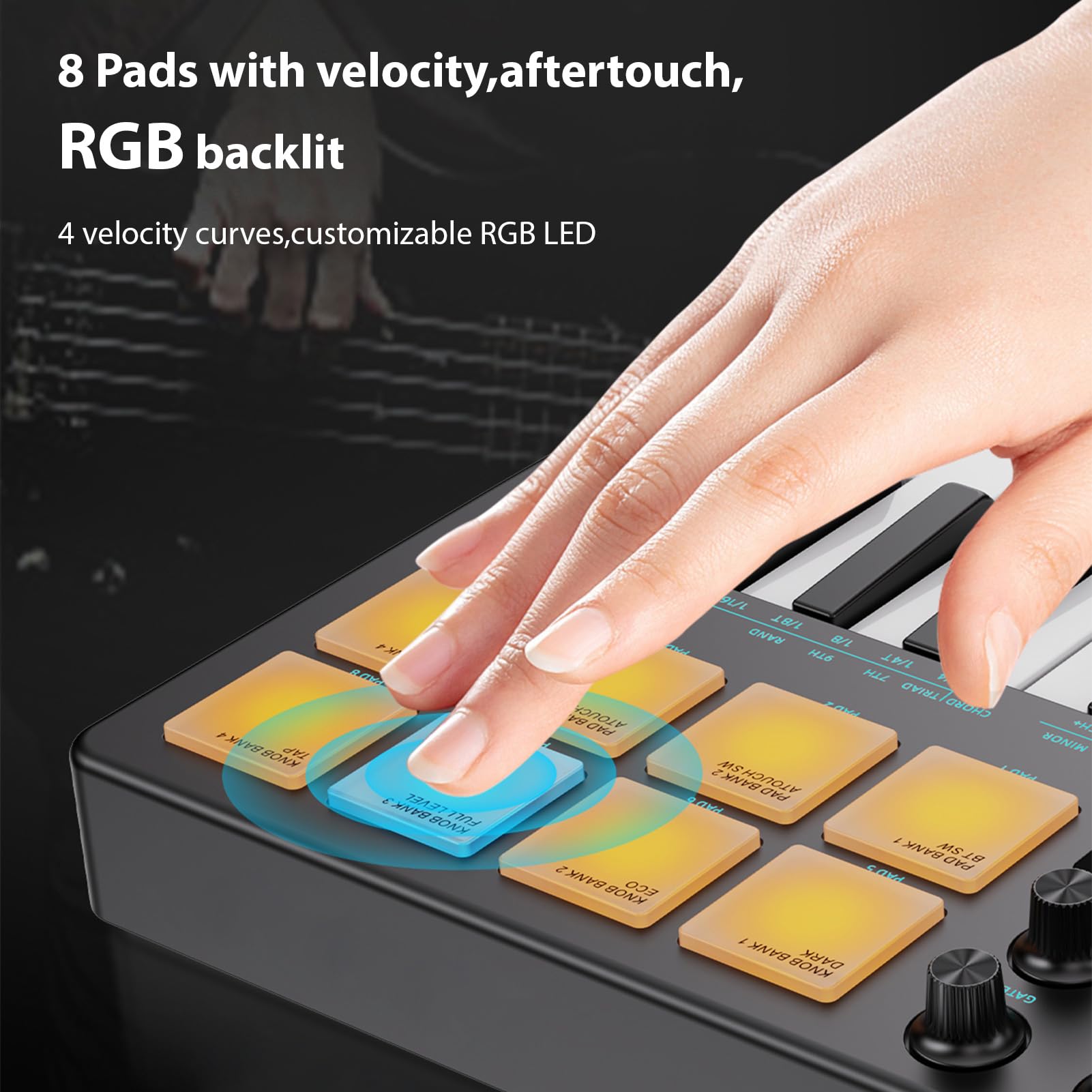 Walmeck Tastiera Controller MIDI BT a 25 Tasti con Pad Sensibili Alla velocità, Funzione di Accordo Arpeggiatore e Ricevitori Ricaricabili per la Produzione DAW (Nera)