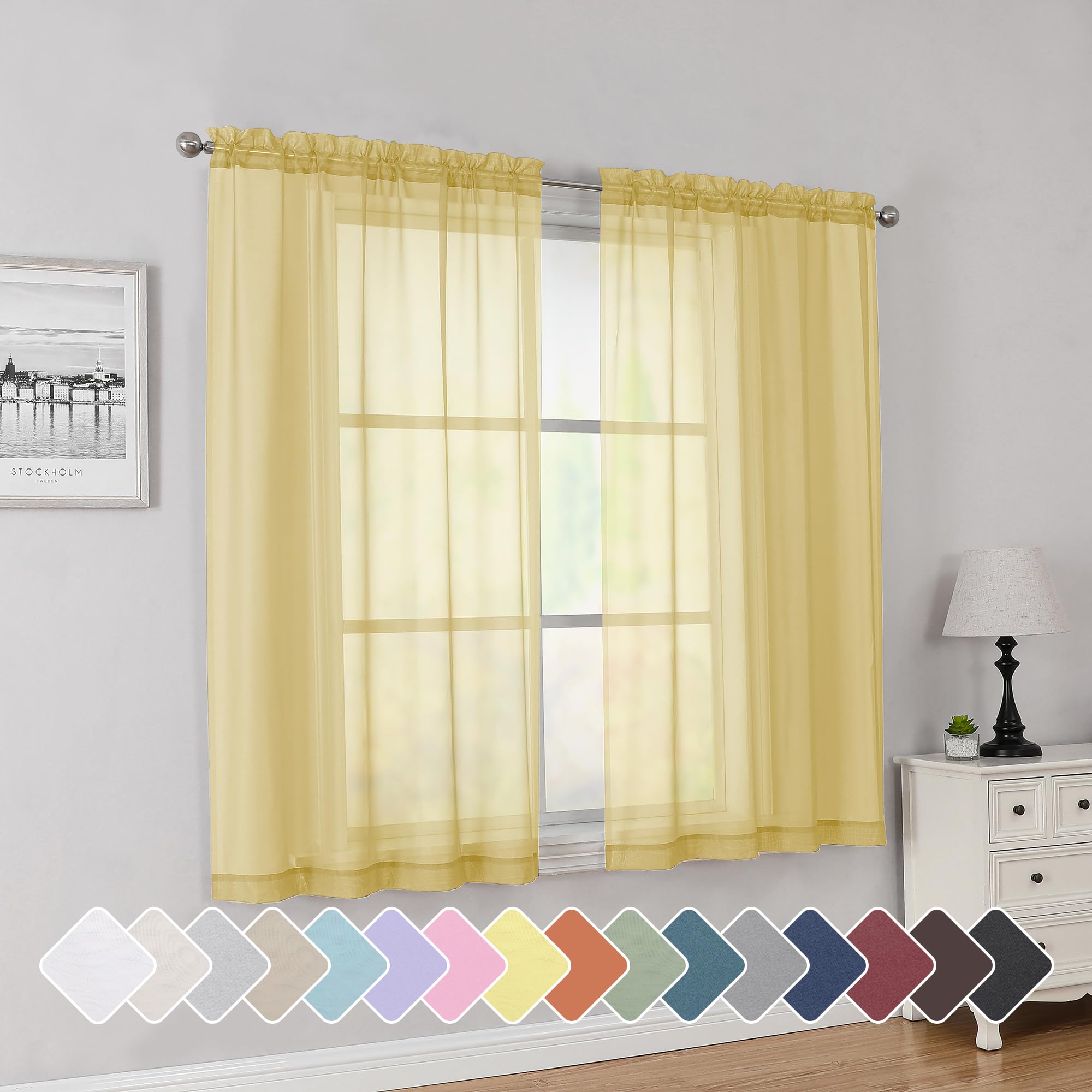 Simplebrand Yellow Short Sheer Curtains 45 Inch Length 2 Panels