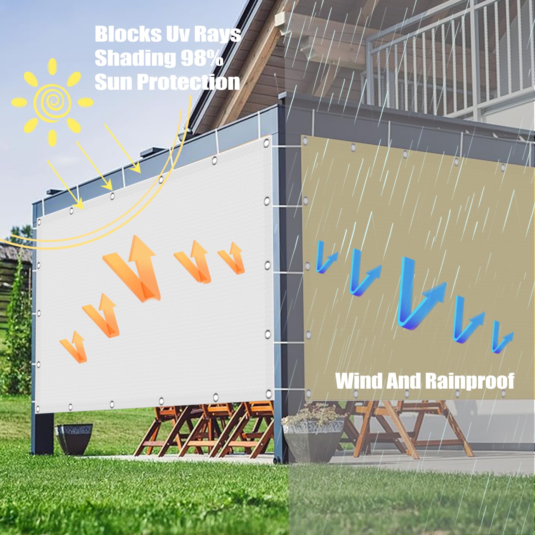Blokada UV 1,2 x 4,9 m 95% ochrona przed promieniowaniem UV, wytrzymałe, łatwe składanie, możliwość dostosowania, do użytku na zewnątrz i w ogrodzie, lina w zestawie