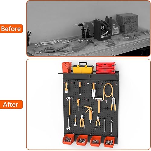 Miniatura 8 de TORACK Tablero de clavijas de metal para garaje con accesorios, organizador de herramientas con ganchos para tablero de clavijas, contenedores,