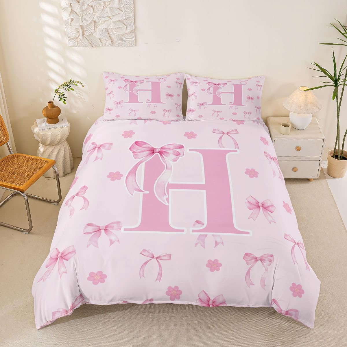 Cute Pink Bowknot Duvet Cover Super King Size Cherry Blossoms Floral Pattern Bedding Set for Boys Girls Personalized Initial Alphabet Letter H Comforter Cover 3Pcs With 2 Pillowcases