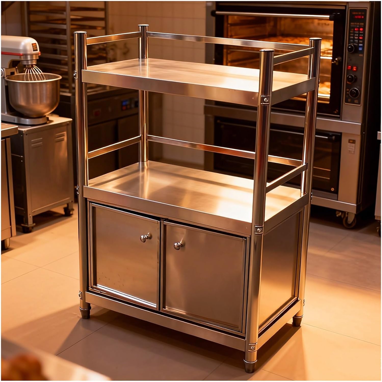 Stainless Steel Workbench with Guardrails Three-Tier Storage Rack Worktable Double-Door Cabinet Floor-Standing Countertop Metal Prep Table Easy Installation(50x35x100cm)