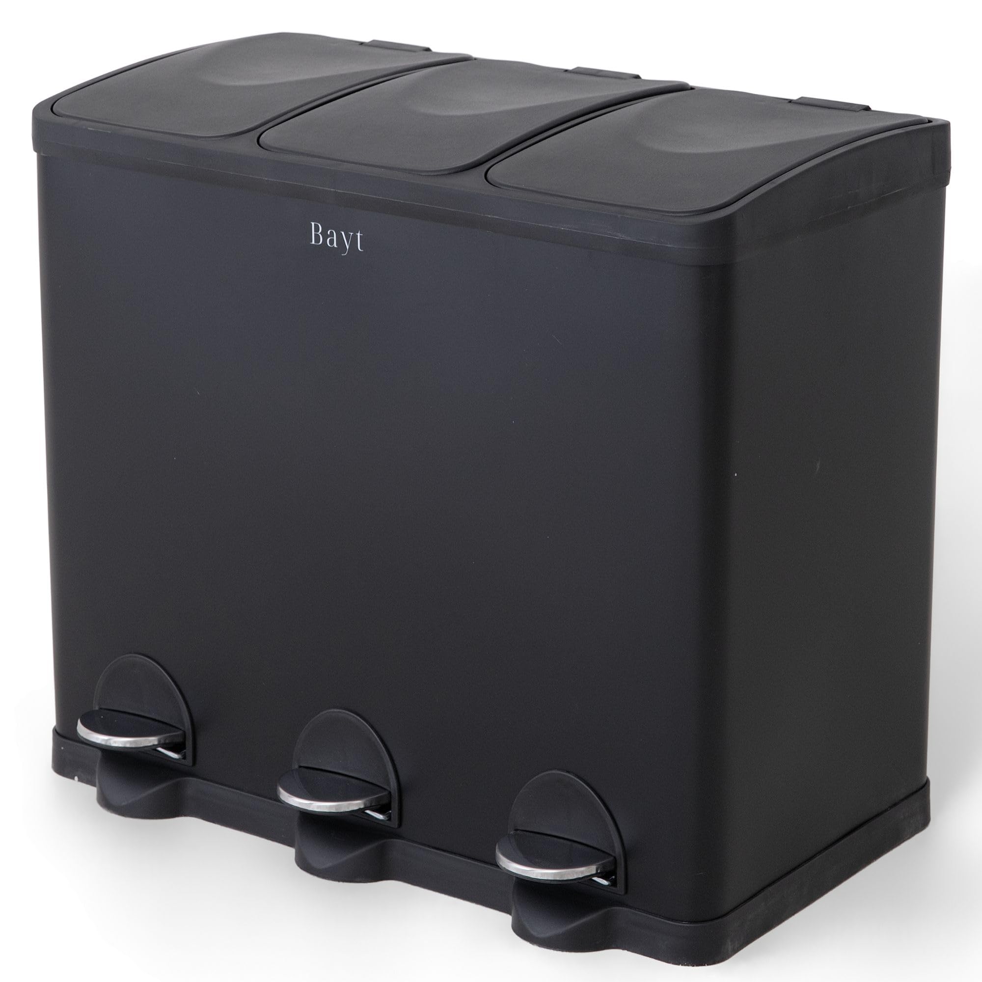 Bayt Cubo de Basura 60L (3 x 20L), Contenedor de Reciclaje para Cocina con 3 Compartimentos, Acero Inoxidable Negro, Pedales, Cubos Interiores, Negro