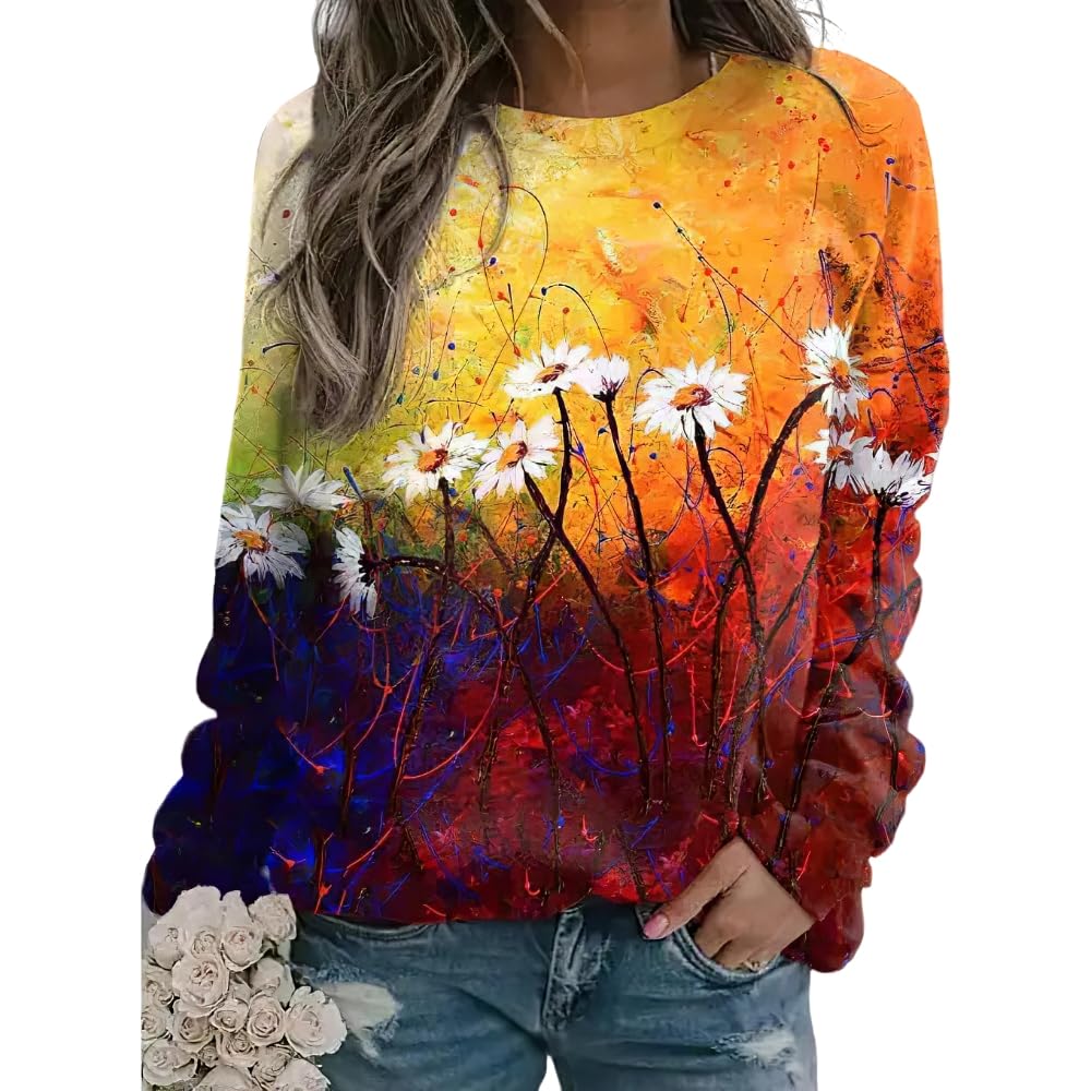 Akivide Women's Flower Graphic Printed Long Sleeve Crewneck Sweatshirt Fall Casual Loose Plus Size Pullover Tops for Women