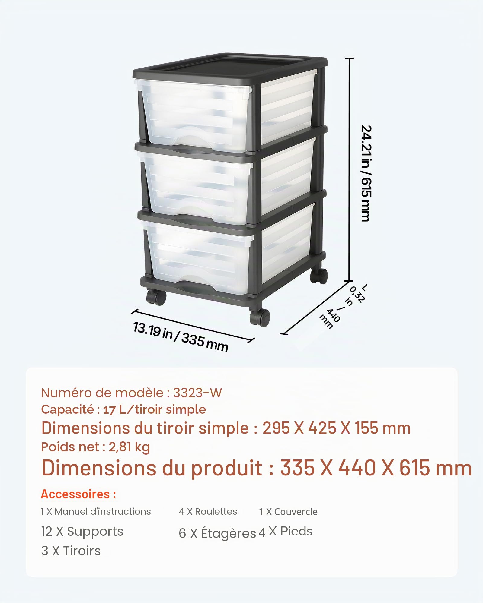 VEVOR Chariot de rangement à 3 tiroirs en plastique, tour de rangement à roulettes, organiseur mobile à 3 niveaux, bac transparent pour fournitures de bureau, salles de bricolage et salles de classe