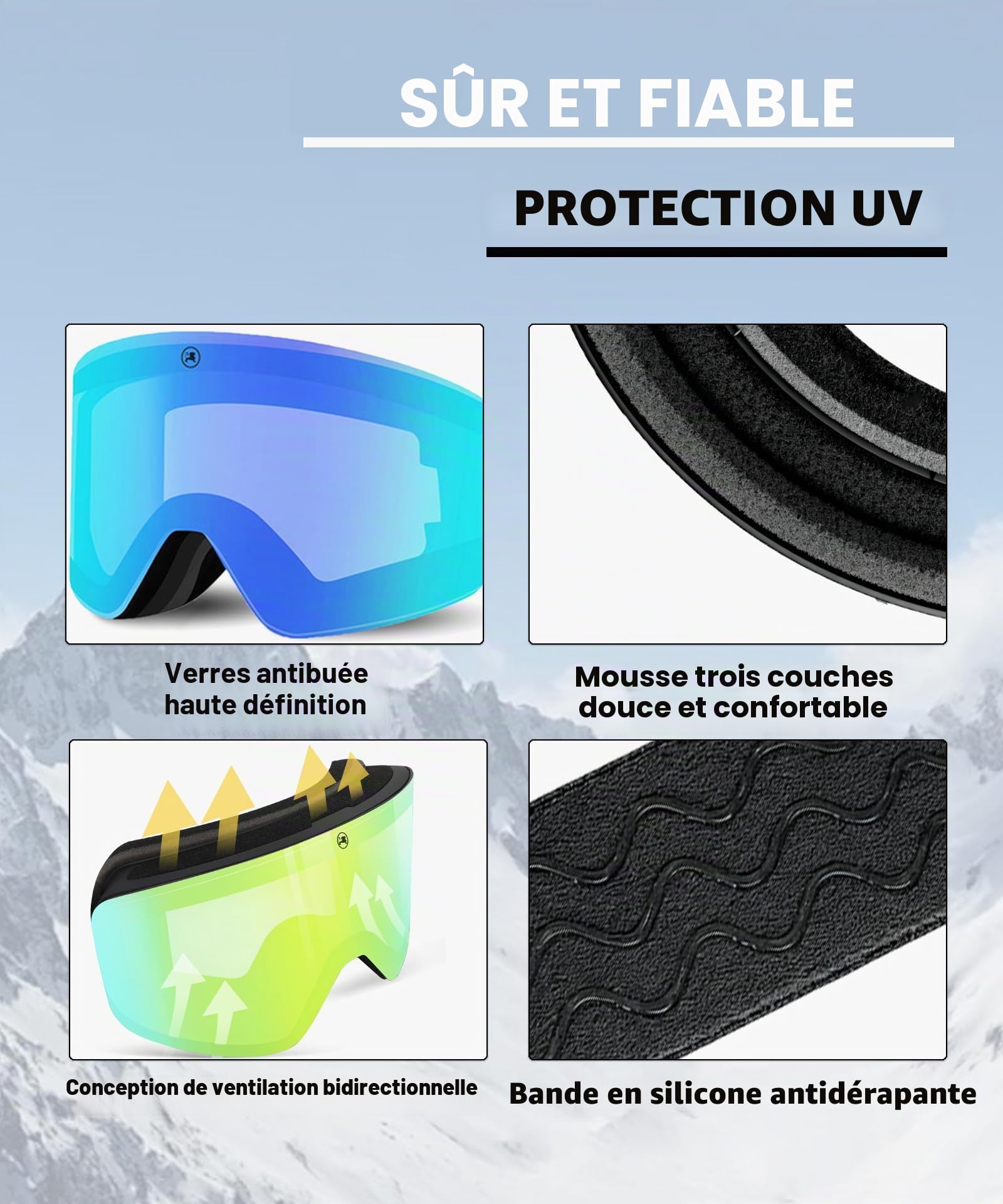 Masque de Ski Photochromique Anti-Brouillard UV400, Vision Large Sans Cadre Lunettes de Ski Homme Femme Adapté à Ski/Snowboard, OTG Compatible avec le casque, Parfait pour Sports Hiver