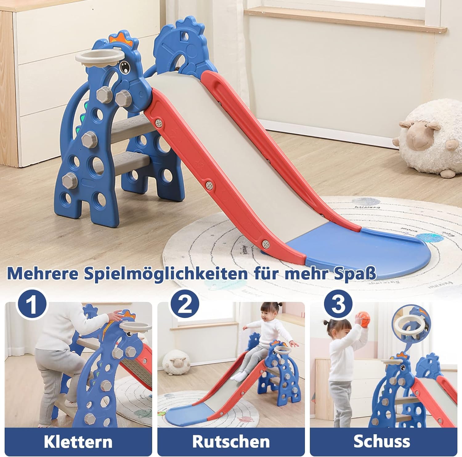 LARS360 Scivolo 3 in 1 per Bambini - Con Scala da Arrampicata e Cestino da Basket, Pieghevole, Parco Giochi Multifunzionale per Bambini 1-5 Anni, per Uso Interno ed Esterno