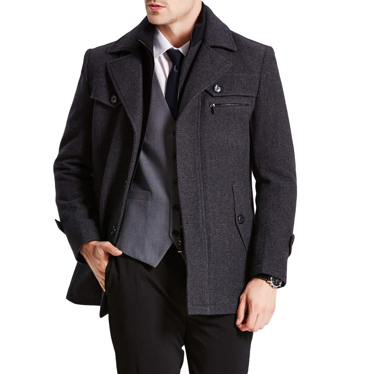 Mens Winter Trench Coat Padded Wool Peacoat Casual Thick Military