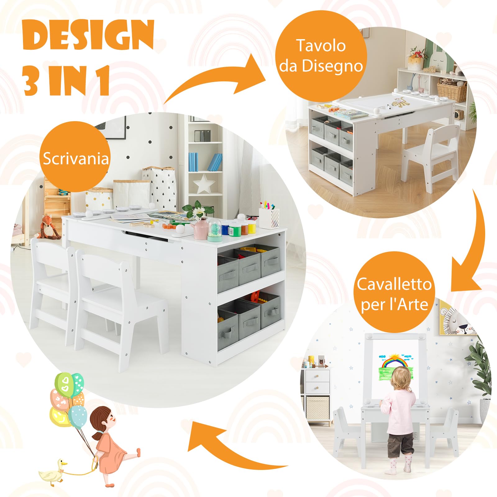 RELAX4LIFE Tavolo D'arte per Bambini con 2 Sedie, Legno, Piano Sollevabile, 6 Cassetti, 4 Tazze Pittura
