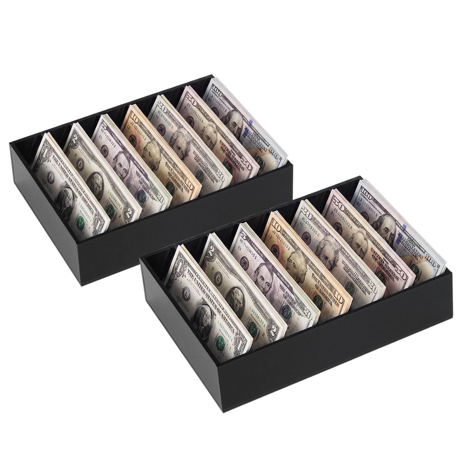 WHJY Set di 2 cassetti per contanti in acrilico nero, 8 scomparti, con divisori staccabili, multi-griglia, organizer per banconote, negozi e uffici