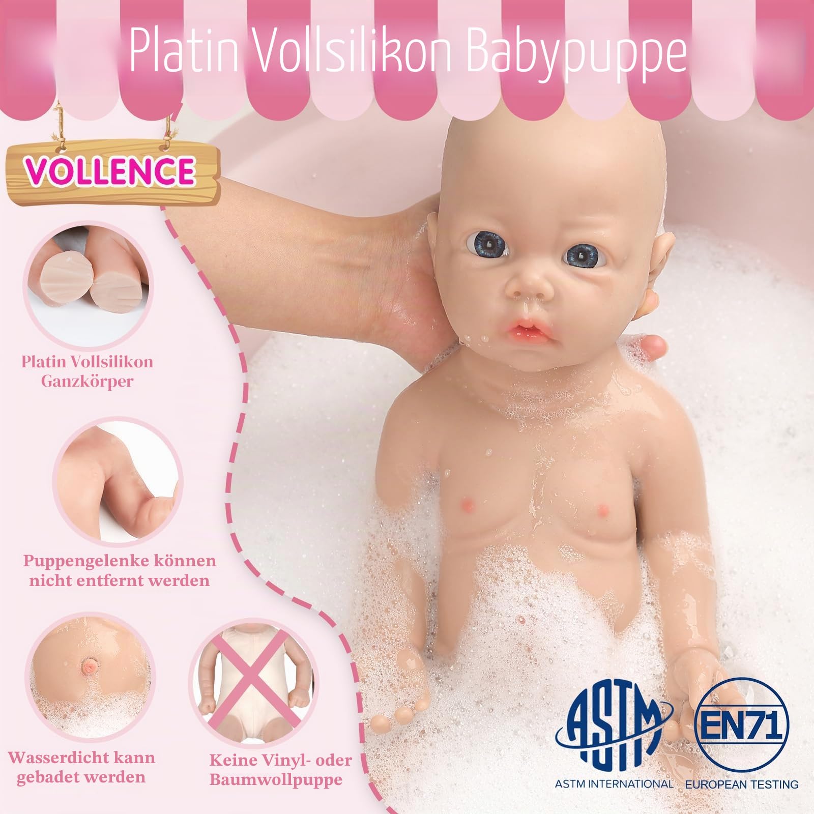 Vollence 40cm Silikon Reborn Baby Puppe – Vollsilikon Babypuppe, Stressabbau-Spielzeug für Kinder und große Freude - Mädchen