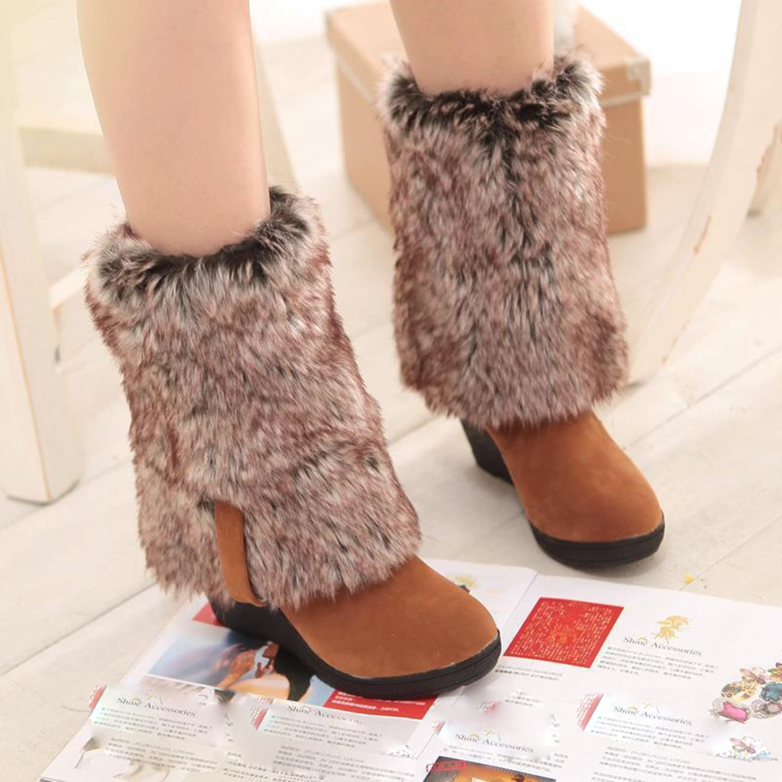 Damskie buty na koturnie do kolan, beżowe zamsz, wysokie buty zimowe z kołnierzem Multi Wear średni obcas wysoki wypoczynek pluszowe ciepłe buty damskie rozmiar 5