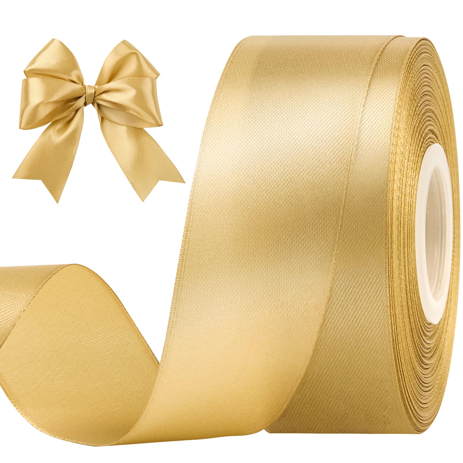 1-1/2 Inches 50 Yards Champaign Gold Satin Ribbon, Solid Fabric Ribbon Roll for Flower Bouquets, Gift Wrapping, Wedding, Handmade Crafts