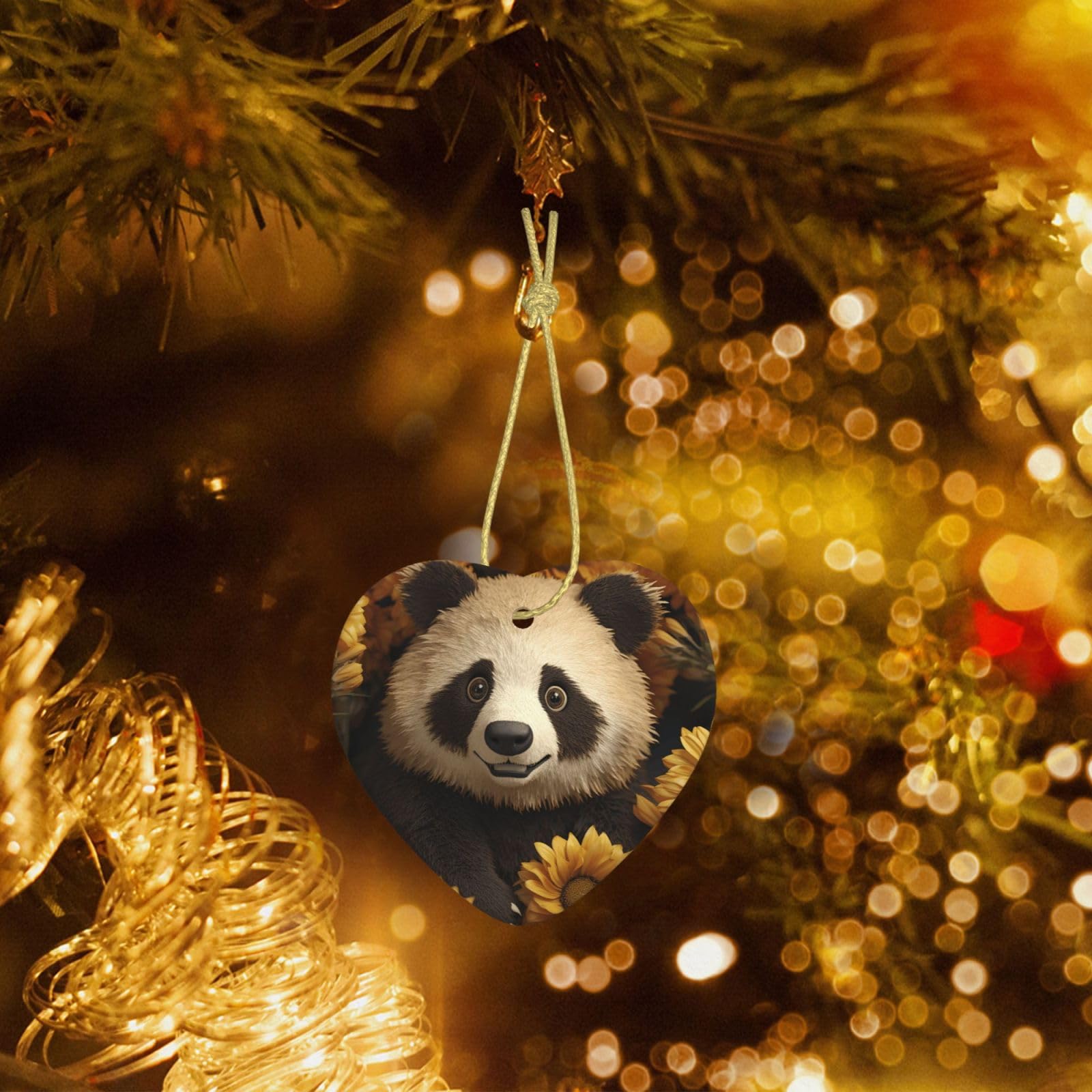 Christmas Heart Shaped Ornaments 1 Pcs, Double-Side Ceramic Xmas Tree Hanging Ornament with Gold String Cute Animal Sunflower Personalized Porcelain 2025 Christmas Pendent