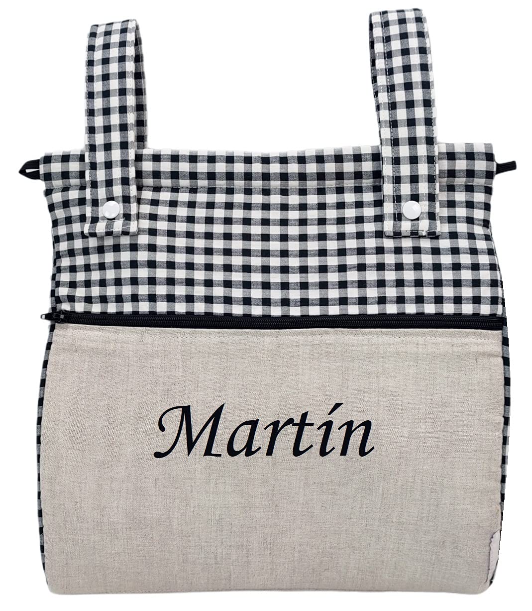 Bolsa panera de algodón Vichy Personalizada con Nombre Bordado - Bolso Carro - Talega Carrito de bebé - Nenel (Lino & Vichy Negro)