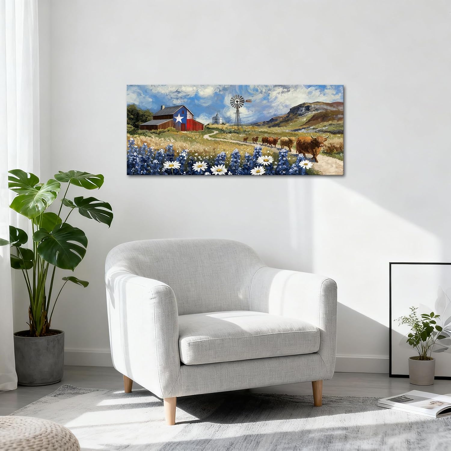 OuElegent Texas Ranch Landscape Wall Art Rustic Farmhouse Painting with Longhorn Cattle, Windmill and Barn Pictures Western Country Wall Decor framed 20''x48'' (colorful)