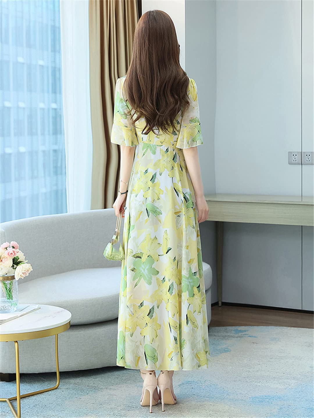 Abito estivo da donna in chiffon, con scollo a V, stile casual, da spiaggia