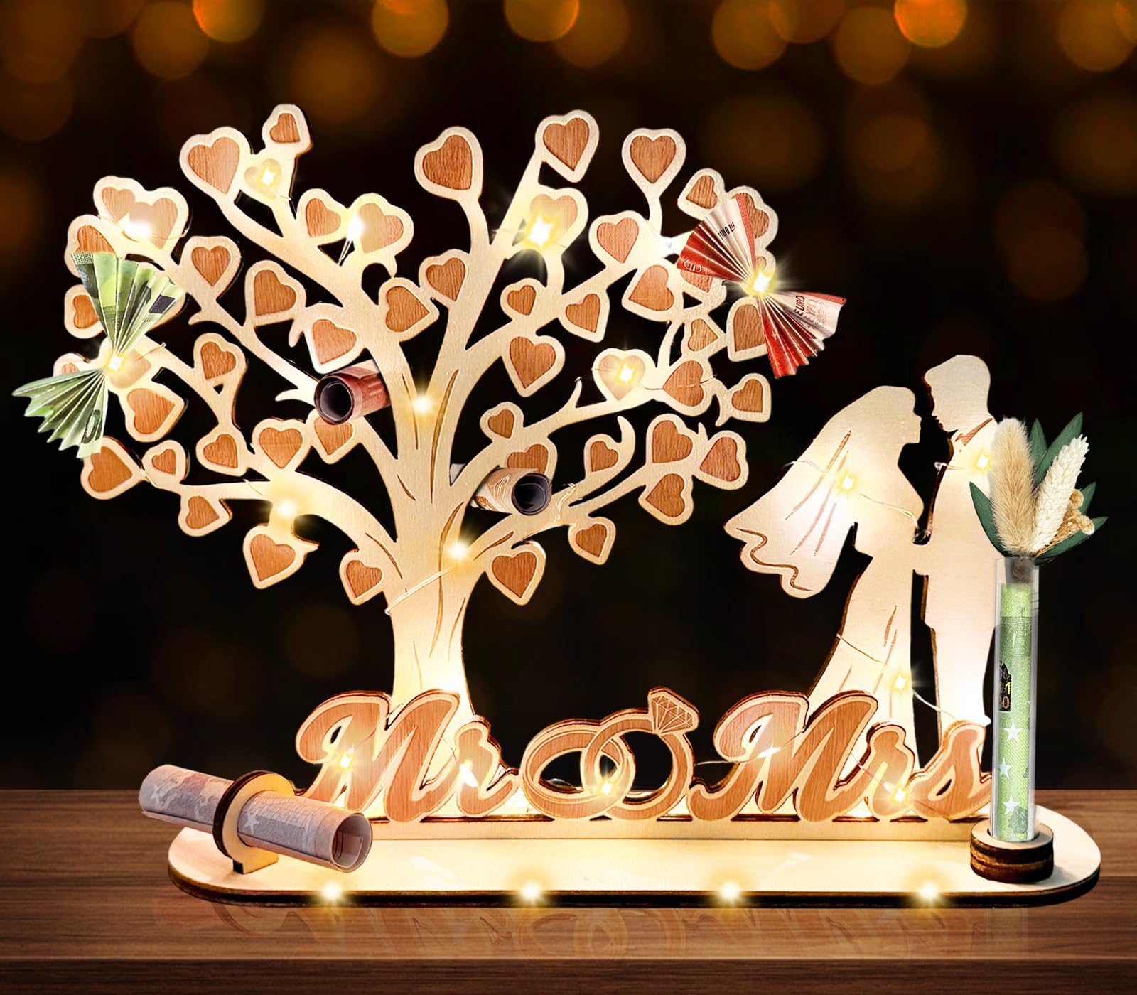 Hochzeitsgeschenke für Brautpaar, Holz Geldgeschenk Hochzeit mit LED Lichterkette - Herzförmiger Lebensbaum mit Mr & Mrs, Hochzeitsgeschenk | Geschenk Hochzeitstag | Verlobungsgeschenk | Hochzeitsdeko
