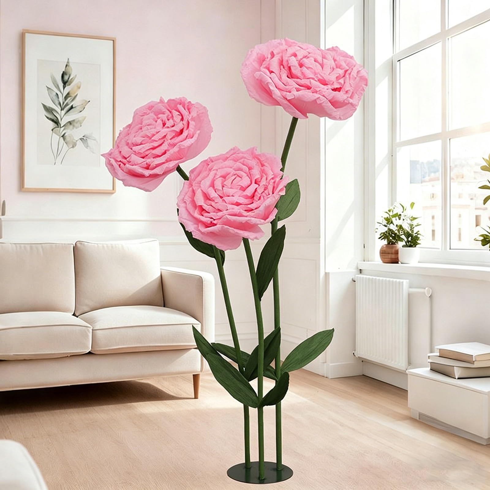 Große Künstliche Blumen mit Standfuß, 3er Set Papierblumen Groß Stehend mit Verstellbaren Stielen & Stabiler Metallbasis für Garten, Hochzeiten, Events & Schaufenster(Light Pink)