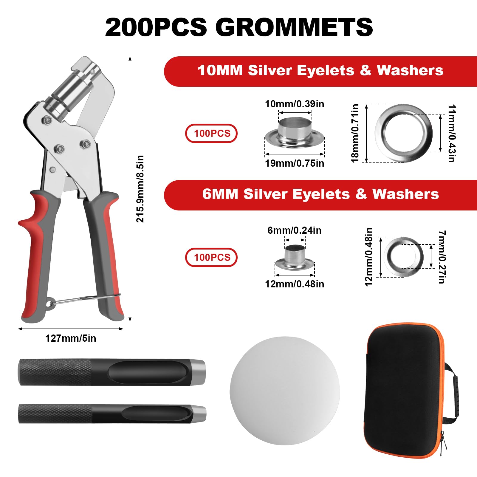 Kit de herramientas con ojales, con alicates de ojales de mano en dos tamaños, junto con 100 ojales plateados (10 mm) y 100 piezas (6 mm), herramienta de ojales para lonas, tela, cortinas de